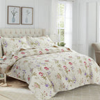 Green Essen 3 Pcs Quilt Sets, Lightweight Microfiber Bedspreads Soft Purple Floral Quilt Reversible Green Leaves Coverlet Set, 1 Quilt & 2 Pillow Shams(Queen Size)