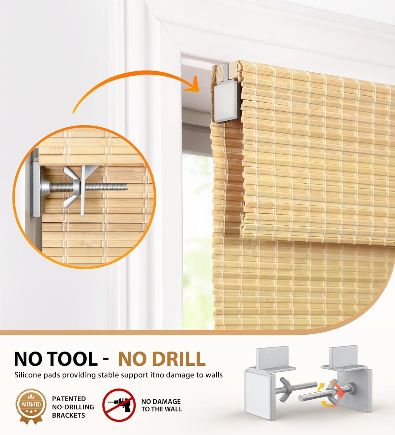 LazBlinds No Tools No Drill Cordless Bamboo Roman Shades, Privacy Room Darkening Window Treatment, Roll Up Bamboo Blinds for Window 34'' W x 64'' H, DP-Natural