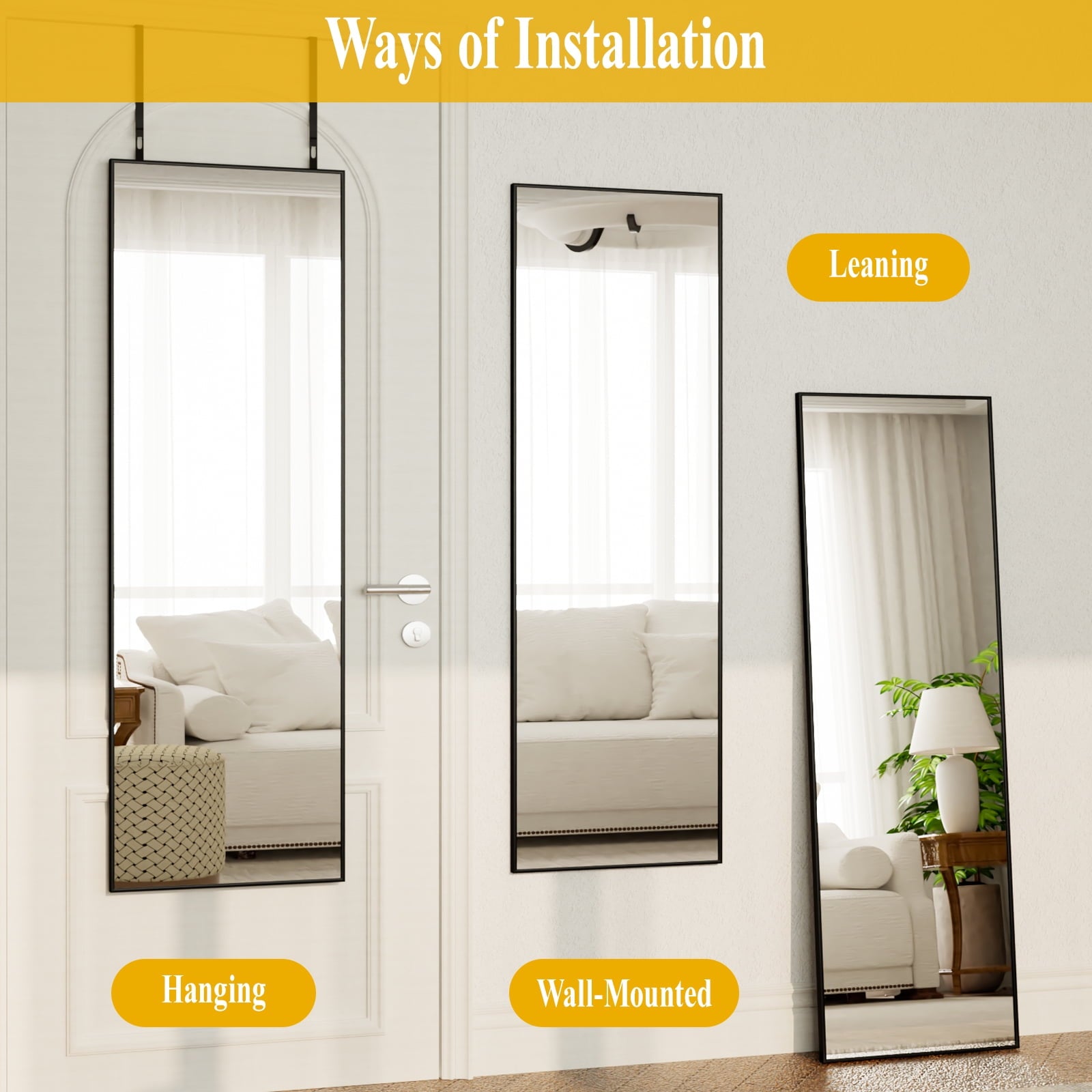 BEAUTYPEAK 48"x 14" Full Length Door Mirror Hanging Wall-Mounted Mirrors, Black