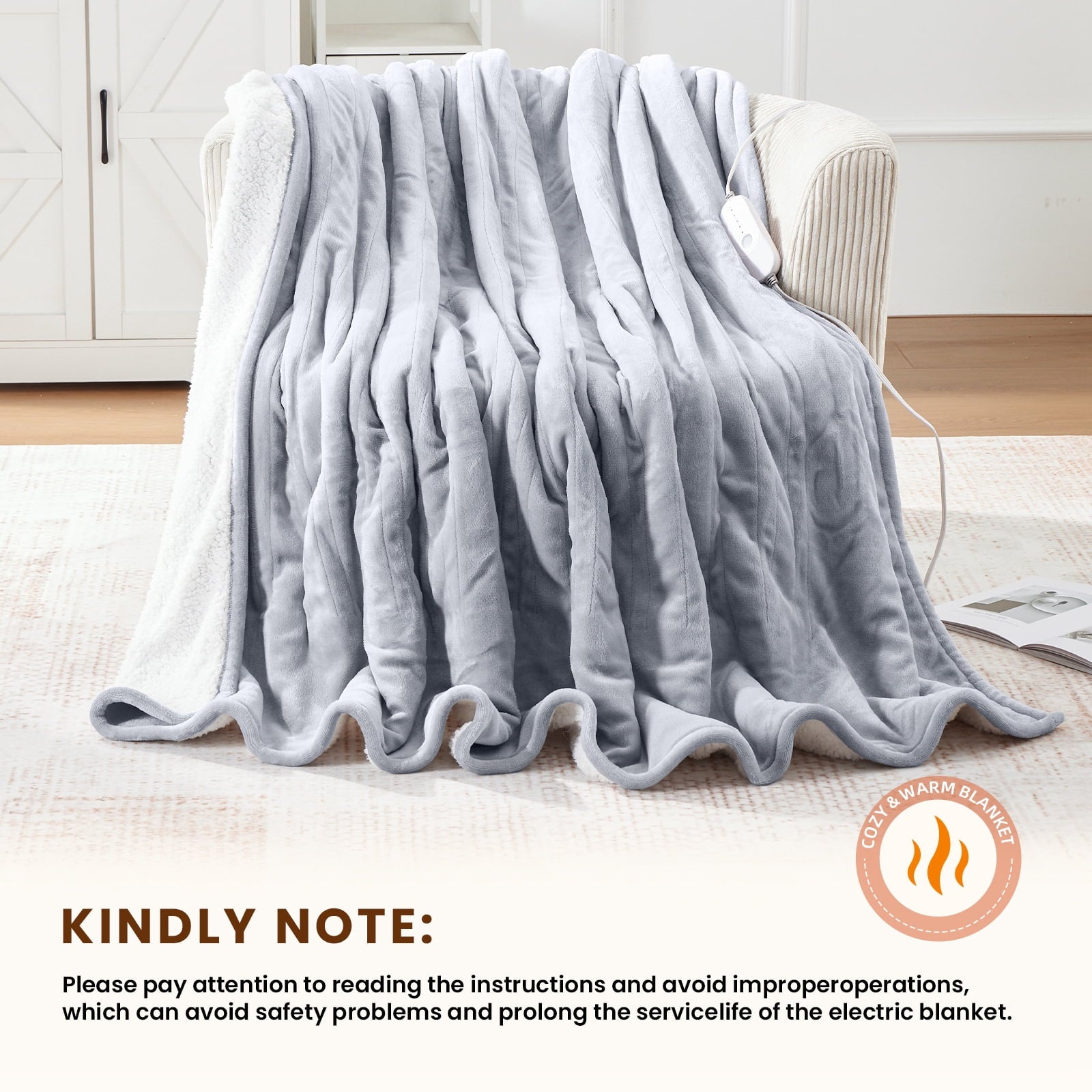 WISHEAD Electric Heated Blanket Throw Soft Flannel & Sherpa, 5 Heat Levels, 3 Hours Auto-Off Over-Heat Protection ETL Certification (50"x60", Light Gray)