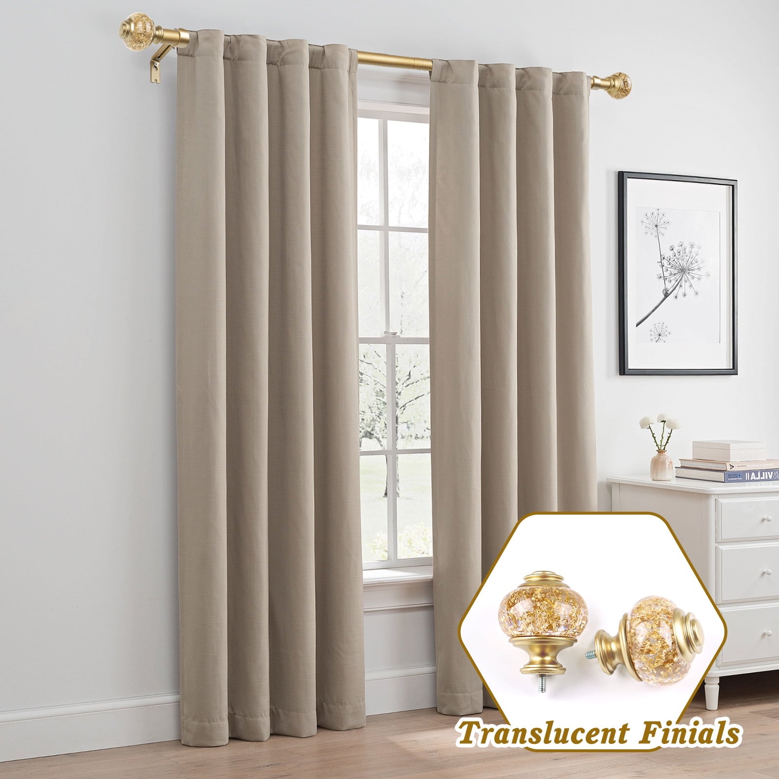 KAMANINA 7/8" Adjustable Single Curtain Rod with Translucent Finial, 48 - 84", Gold