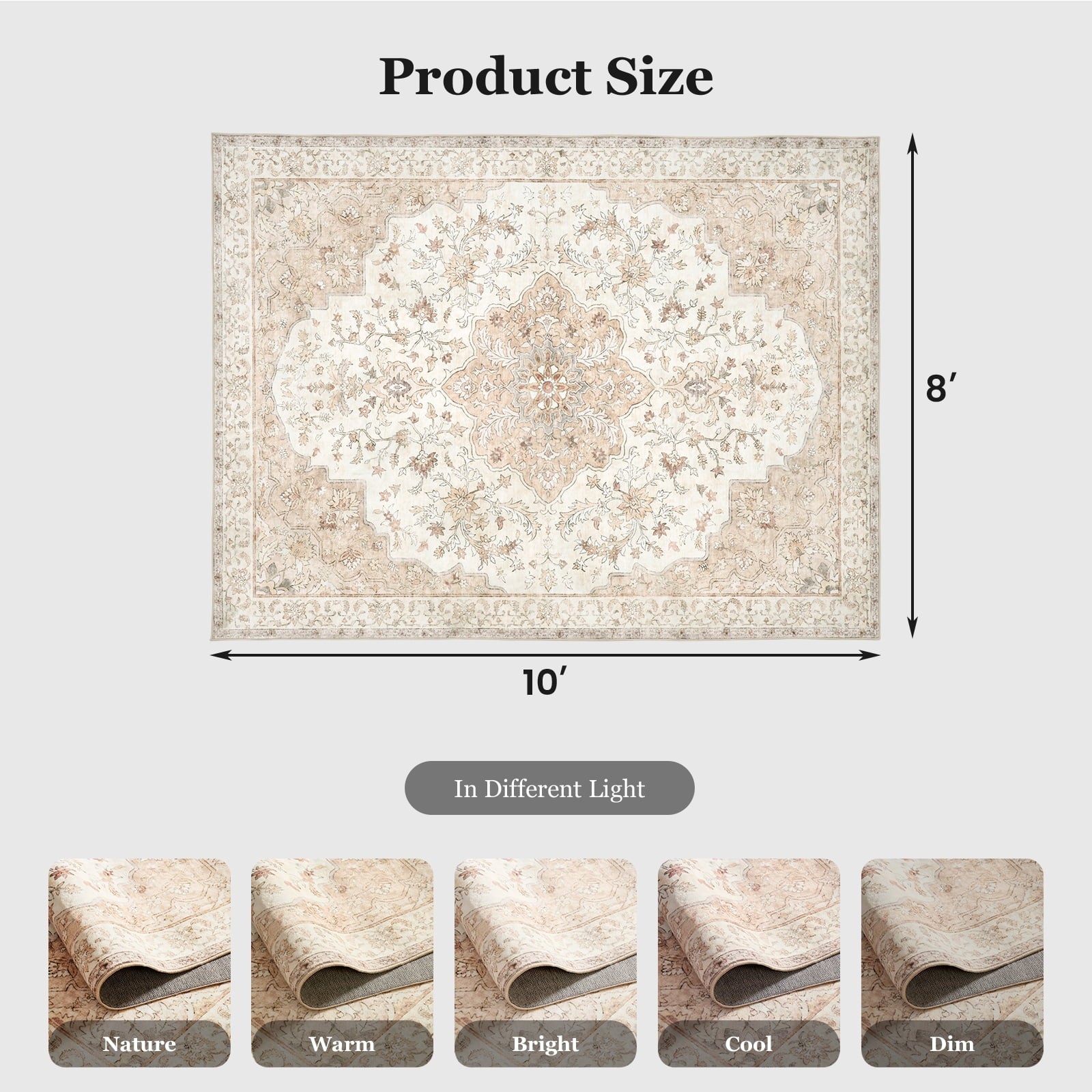 CHITOOMA 8'x10' Boho Area Rugs for Living Room, Machine Washable Floral Area Rug with Non-Slip Backing, Stain Resistant Non-Shed Carpet for Bedroom, Dining Room, Dorm, Office
