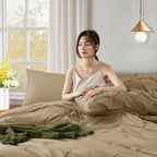 Baauye Queen Comforter Set, 7 Pieces Beige Comforters, Pintuck Bedding Sets for All Season, Bed in a Bag with Comforter, 1 Fitted Sheet, 1 Flat Sheet, 2 Pillowcases & 2 Shams