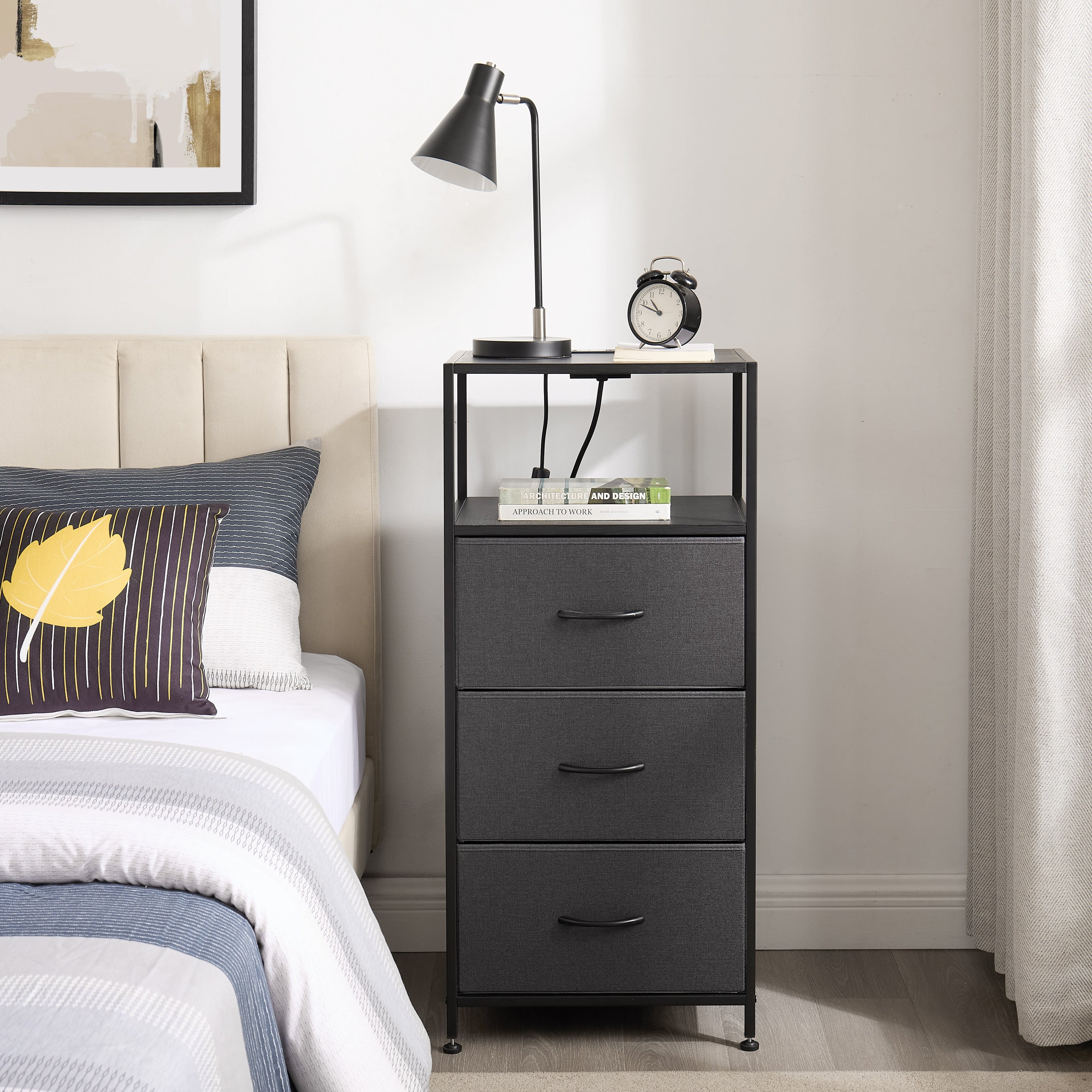 Mainstays 3 Drawer Fabric Nightstand with USB, Grey