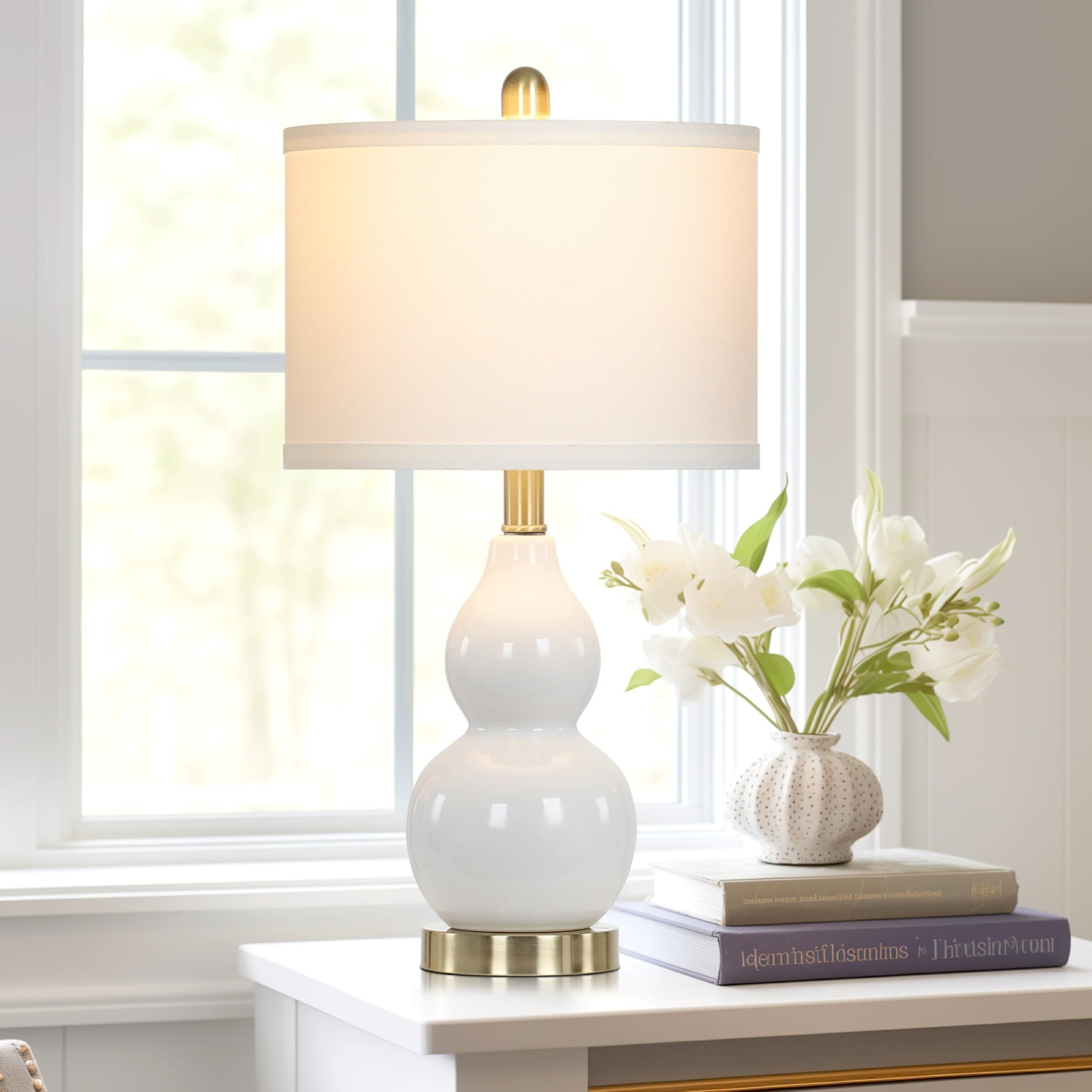 Cinkeda Double Gourd Ceramic Table Lamps Set of 2 for Bedroom Living Room 22" Modern White Gold Nightstand Bedside Lamp with Shade
