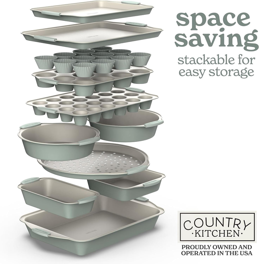 Country Kitchen Bakeware Set, 10-Piece Nonstick Stackable Baking Pans with Silicone Handles, Silver