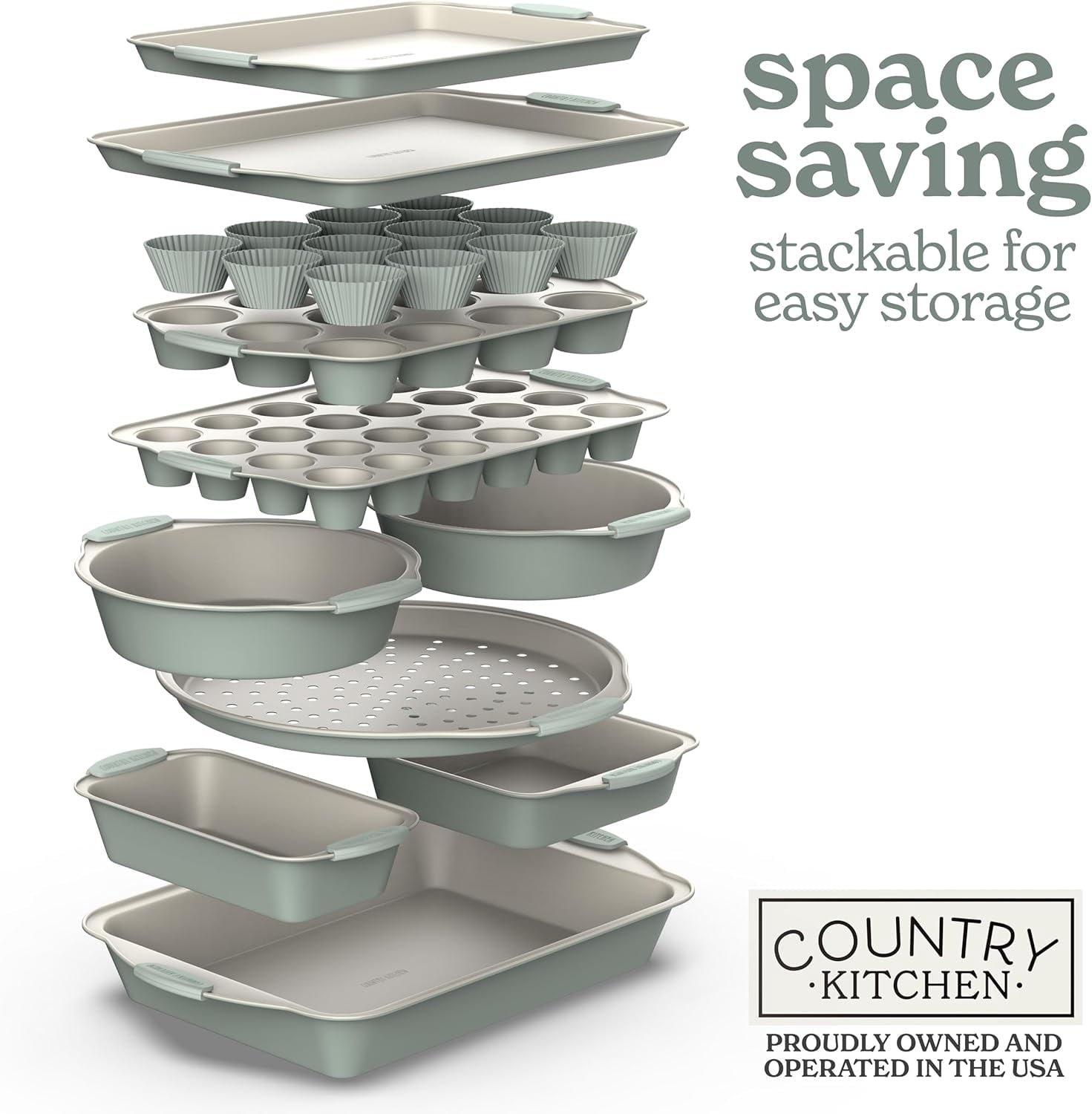 Country Kitchen Bakeware Set, 10-Piece Nonstick Stackable Baking Pans with Silicone Handles, Silver