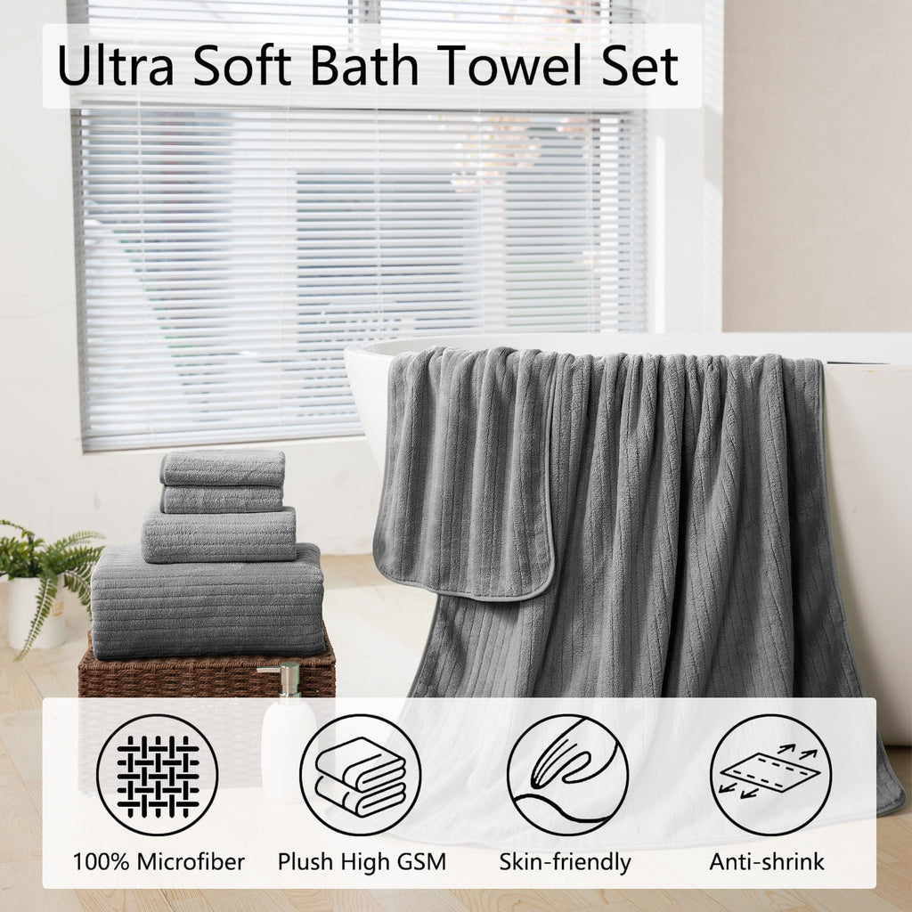 Jessy Home 4 Pack Dark Gray Stripe Large Bath Towels Set Oversized Microfiber Bath Sheet Soft Towel Set