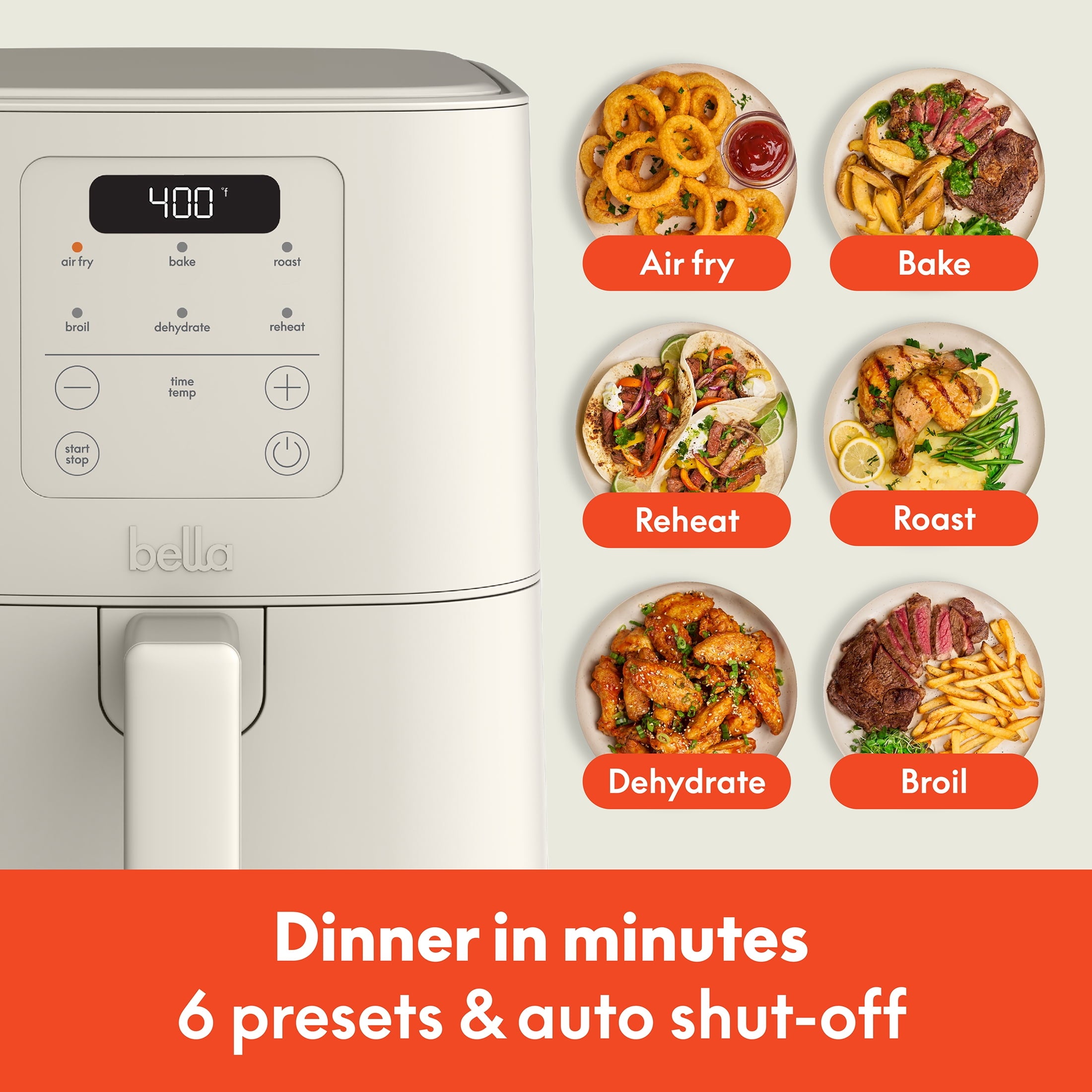 bella 4 Qt Slim Digital Air Fryer with EverGood™ Ceramic Nonstick Coating, 6 Preset Cooking Options, Oatmilk