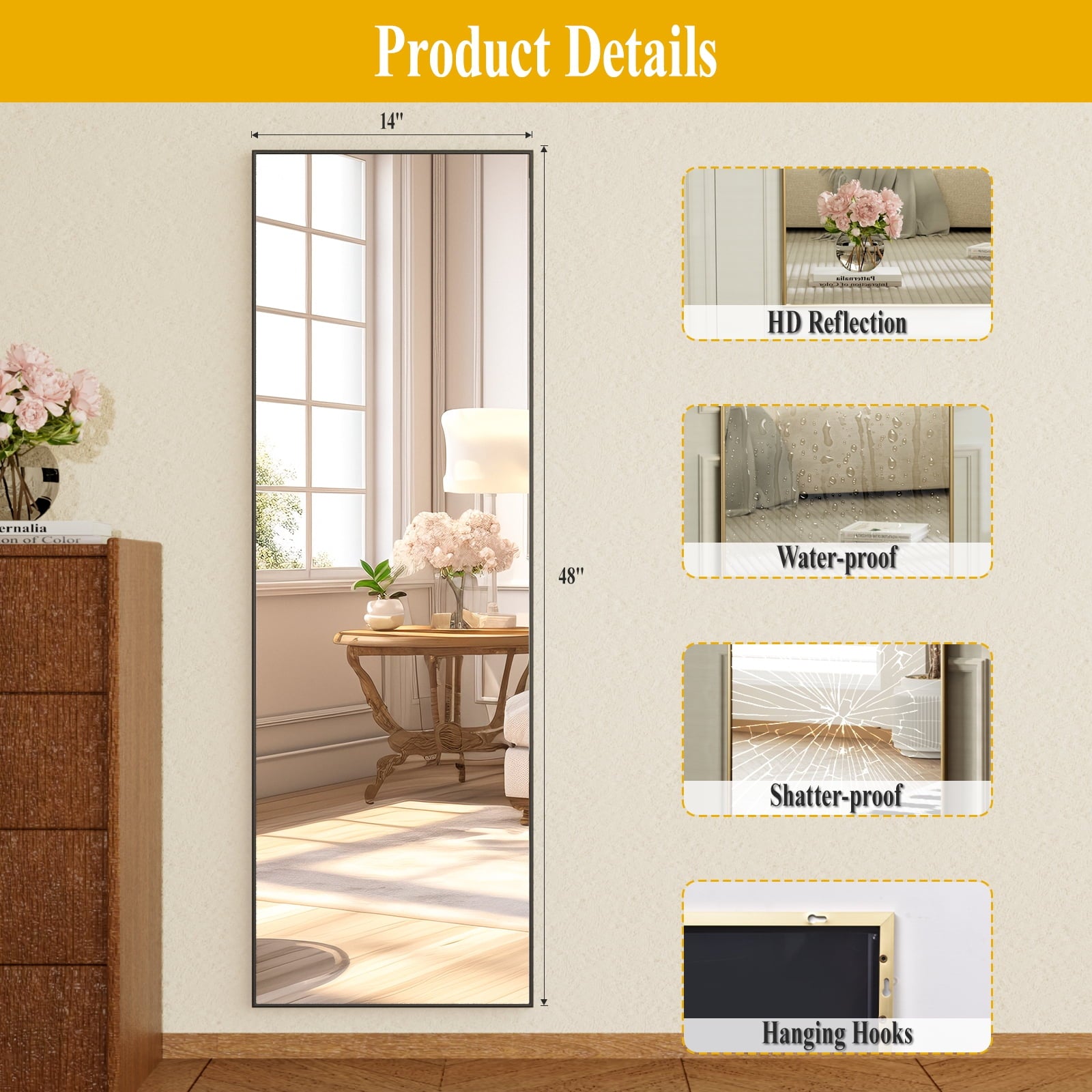 BEAUTYPEAK 48"x 14" Full Length Door Mirror Hanging Wall-Mounted Mirrors, Black