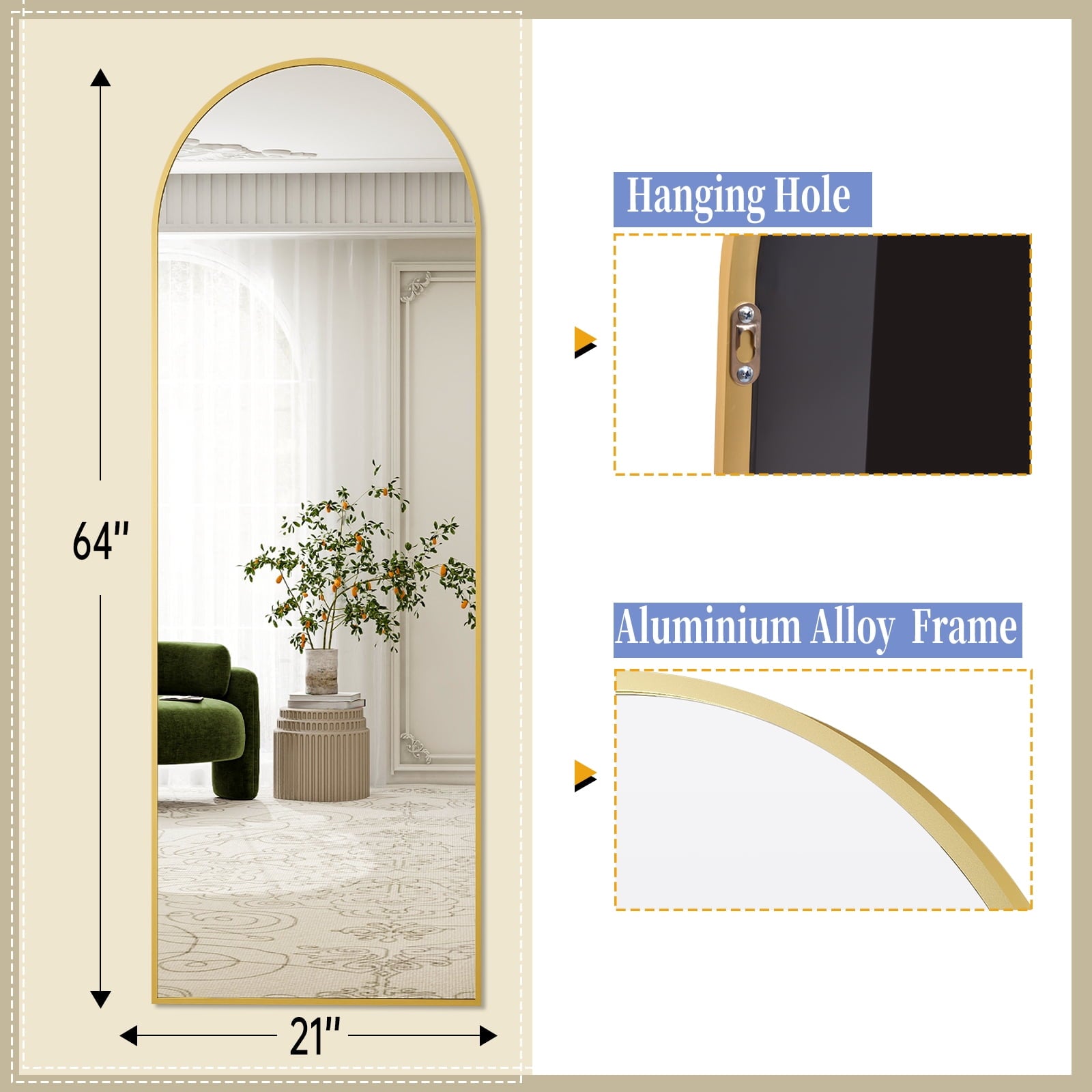 BEAUTYPEAK 64"x 21" Full Length Mirror Arched Standing Floor Mirror Full Body Mirror, Gold