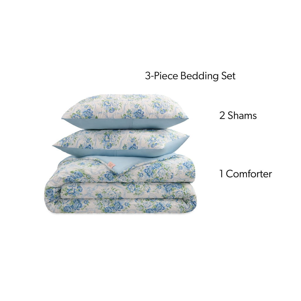 Paris Hilton 3-Piece Coquette Floral Blue Comforter Set, Full/Queen