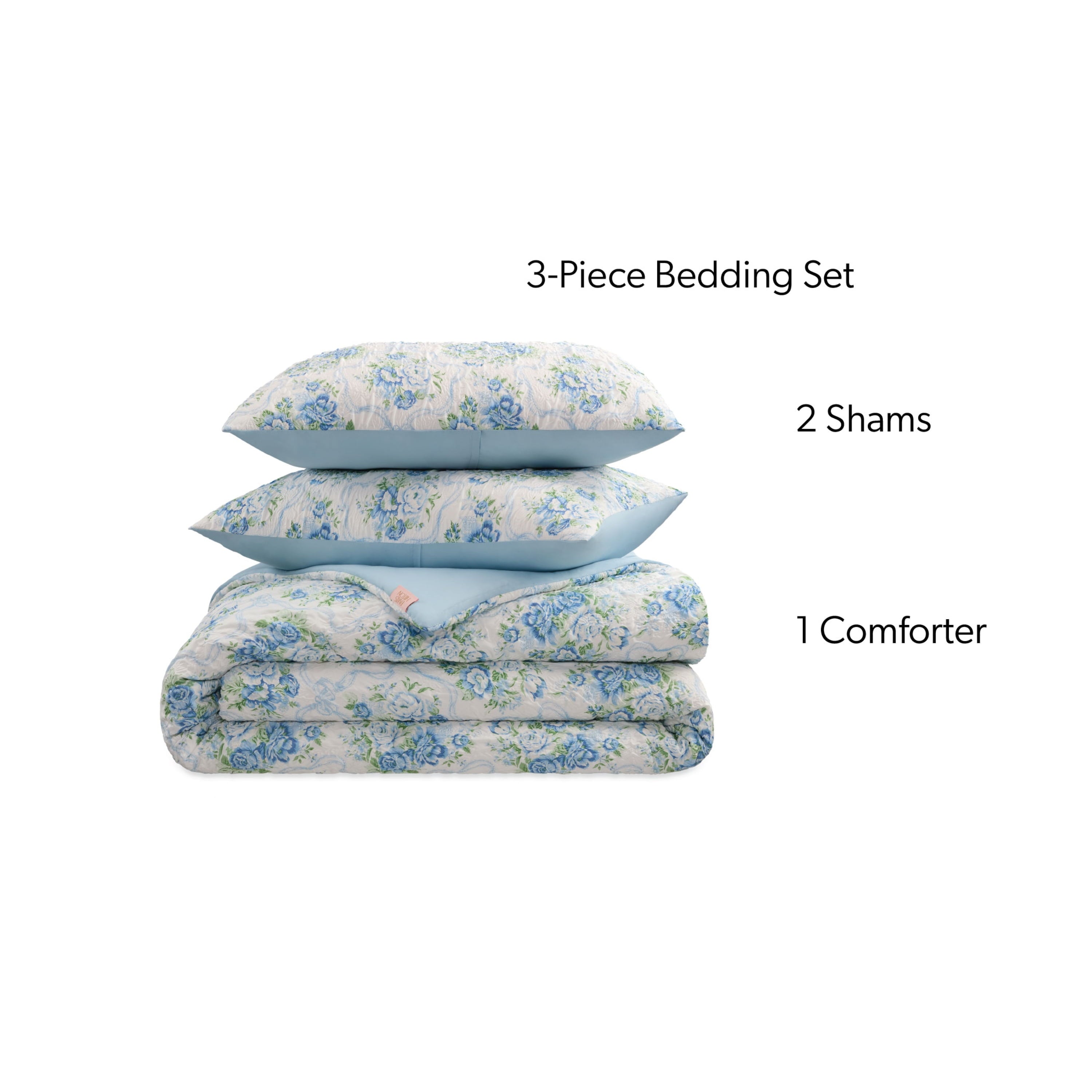 Paris Hilton 3-Piece Coquette Floral Blue Comforter Set, Full/Queen