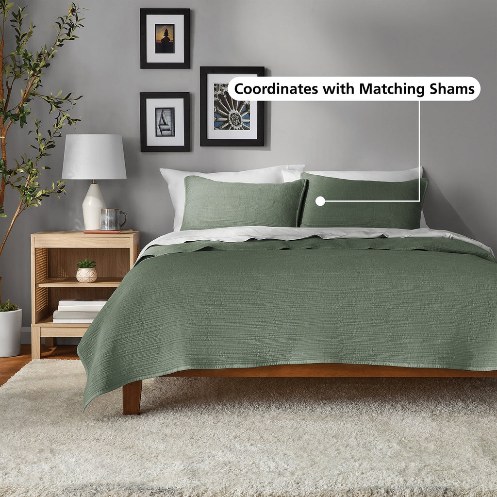 Mainstays Garment Washed Stripe Quilt, Full/Queen, Light Green, Soft Microfiber Bedding