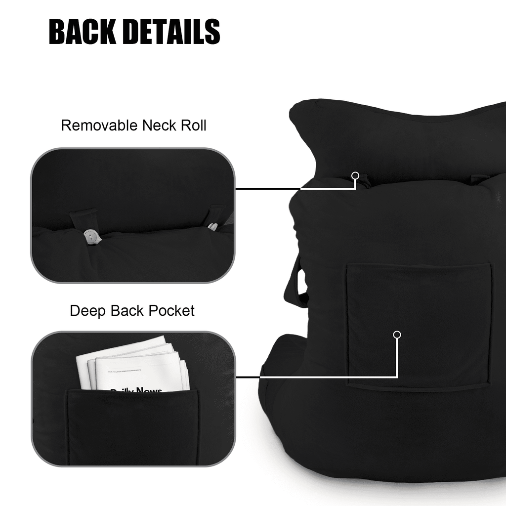 PHOGARY 31inch Reading Pillow for Bed Backrest with Arms - Black - Adult, Ultra-Comfy Microplush Cover & Detachable Neck Roll - Unmatched Support Bed Rest Sit Up Pillow