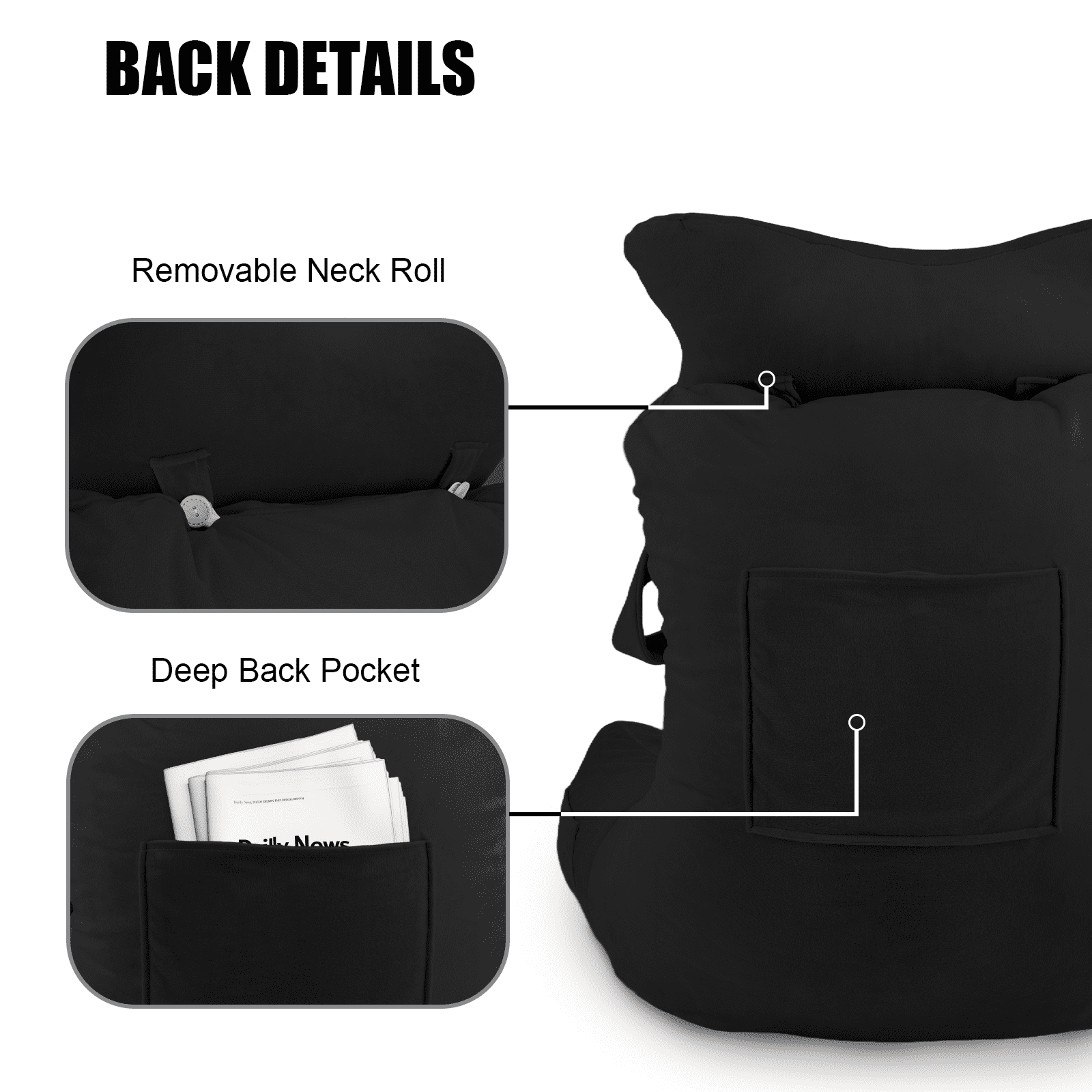 PHOGARY 31inch Reading Pillow for Bed Backrest with Arms - Black - Adult, Ultra-Comfy Microplush Cover & Detachable Neck Roll - Unmatched Support Bed Rest Sit Up Pillow