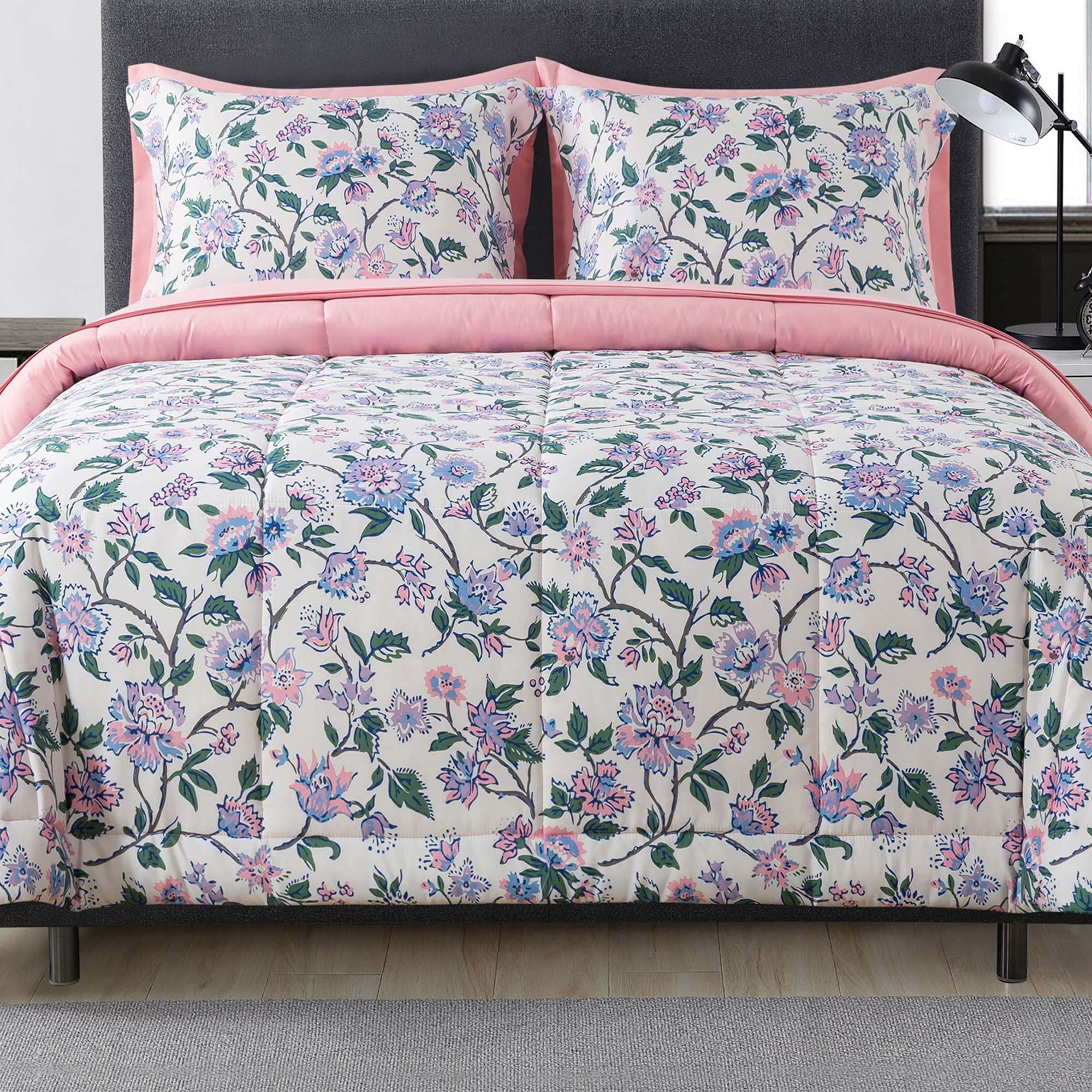 Mainstays 7-Piece Reversible Bed in a Bag with Laundry Tote, Purple Floral, Queen