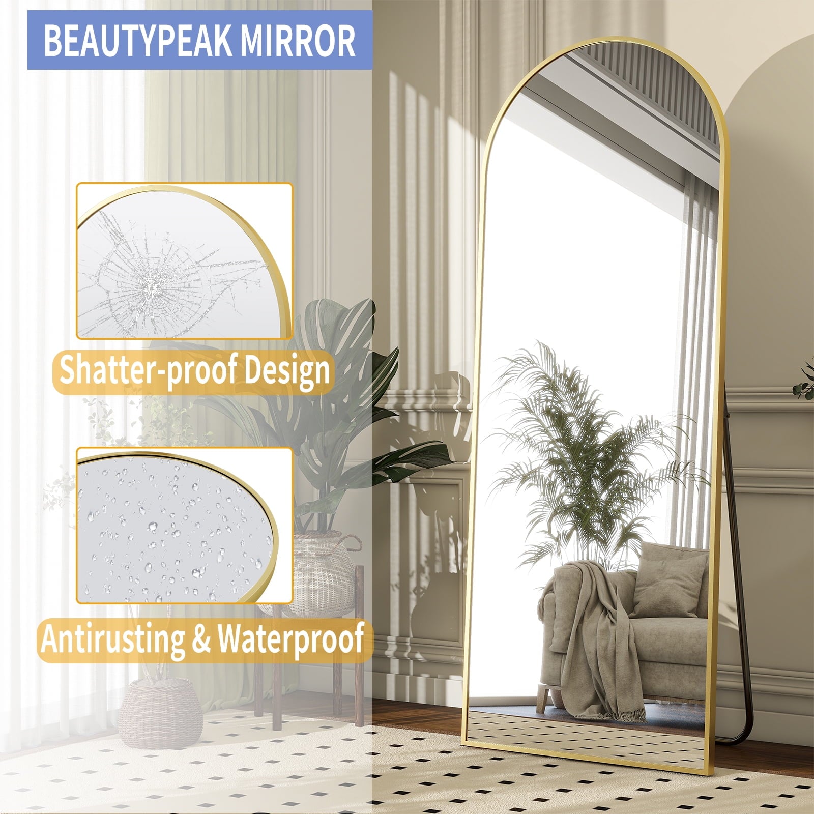 BEAUTYPEAK 64"x 21" Full Length Mirror Arched Standing Floor Mirror Full Body Mirror, Gold