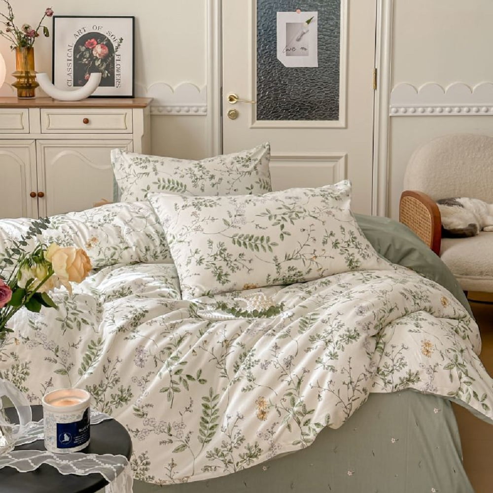 Floral Duvet Cover Queen Size 100% Cotton Reversible Green Botanical Leaf Printd on White Comforter Cover 3 Pieces Soft Breathable Spring Cottagecore Bedding Set with Zipper Closure