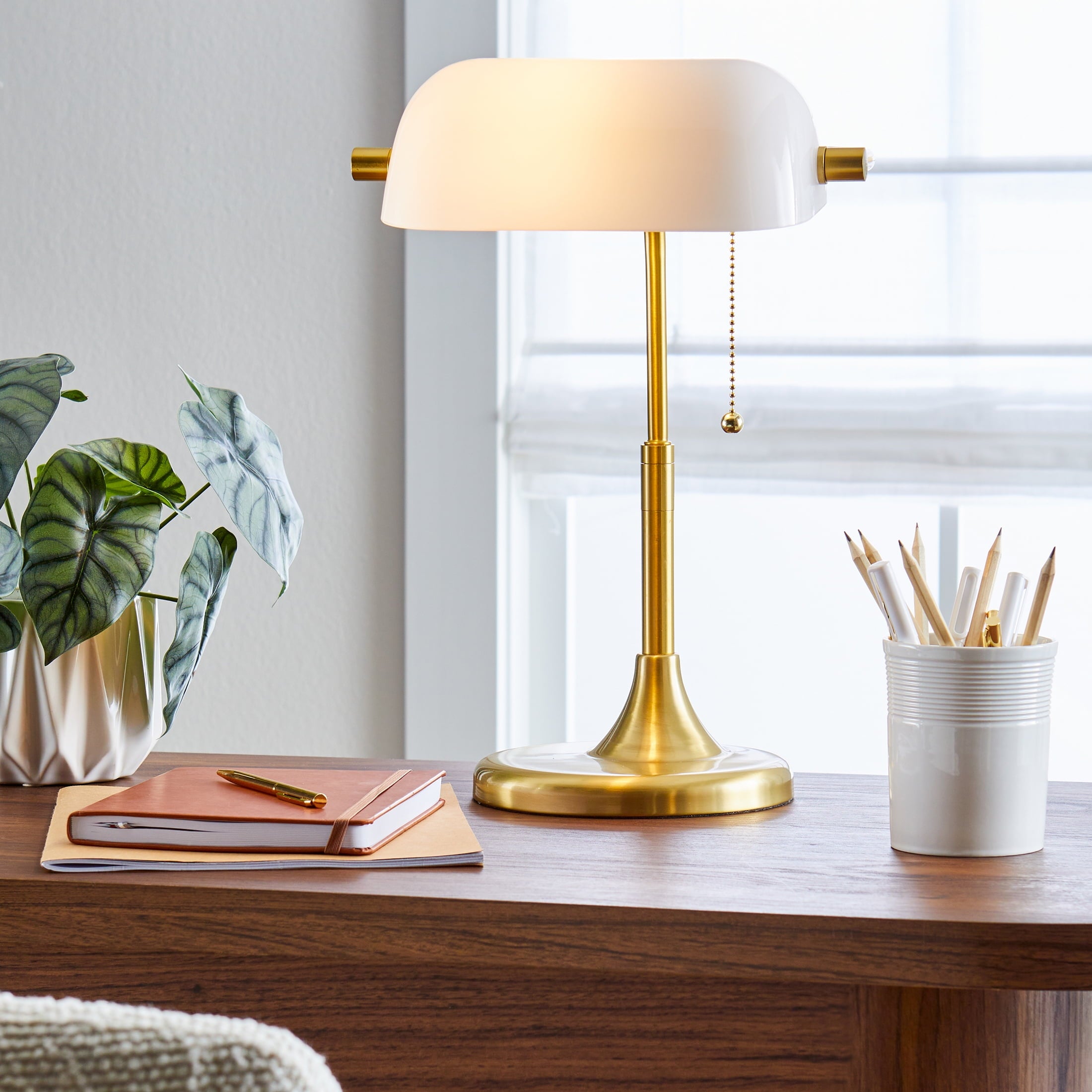 Better Homes & Gardens 19" Gold/White Modern Glass Banker Desk Lamp