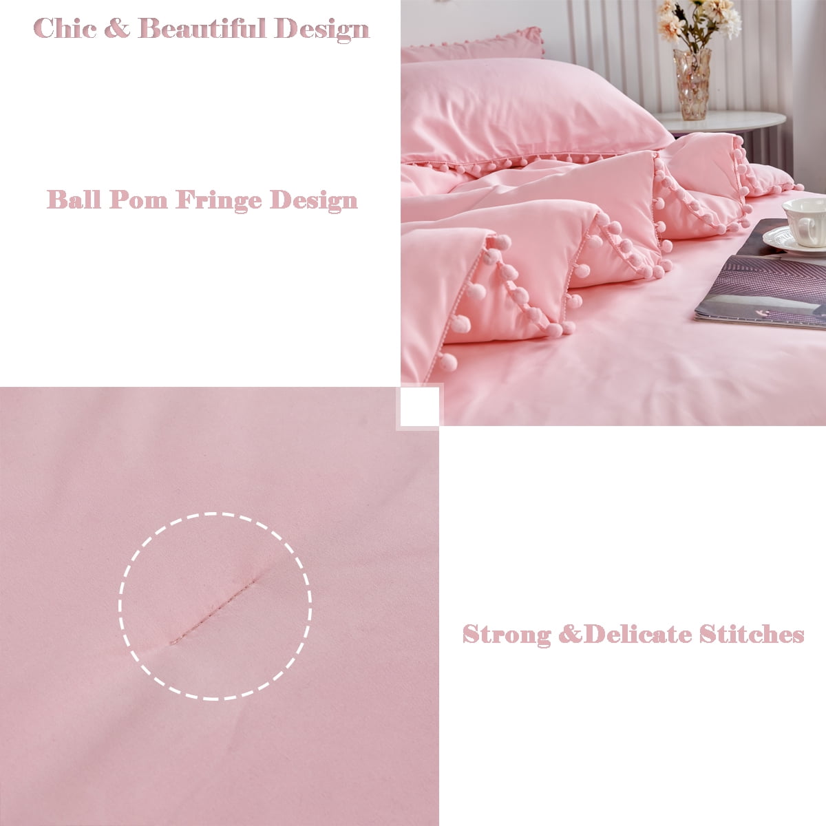 RYNGHIPY Pink Full Size Comforter Set Pom Fringe 3 Pcs Boho Chic Cute Ball Pom Blush Bedding Set Cali Soft Lightweight Solid Bed Set (1 Pom Comforter, 2 Pillowcases)