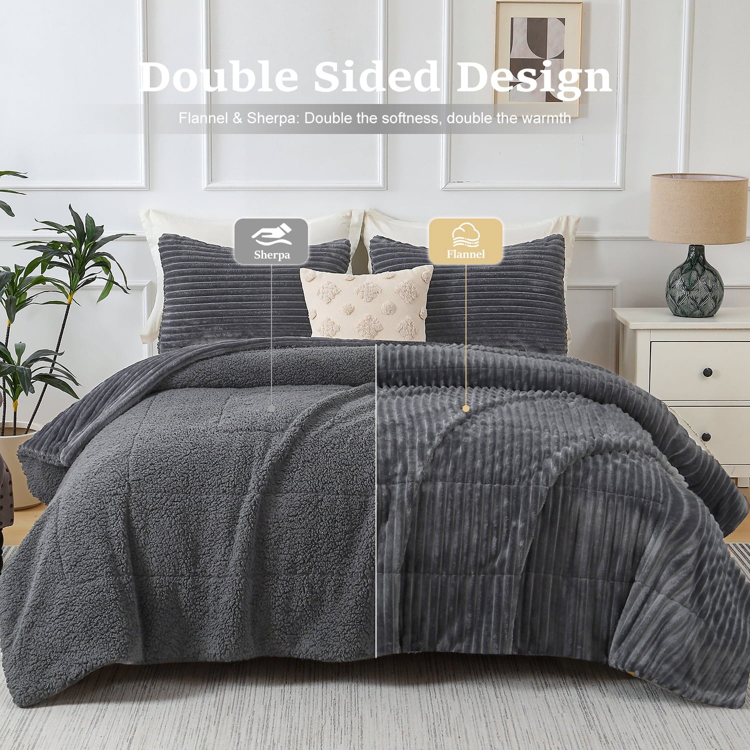 Jessy Home 3 Piece Fleece Queen Comforter Set - Soft & Warm Fluffy Dark Gray Sherpa Bedding , Fuzzy Heavy Double Sided Design Winter Comforter with 2 Pillow Cases