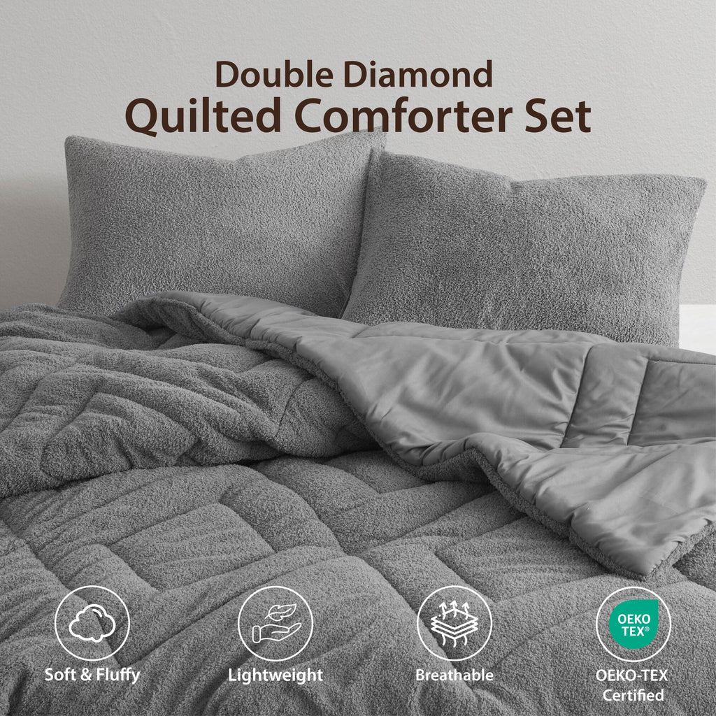 Regency Heights Twin/Twin XL Quilted Plush Comforter Set, 2-Piece Reversible Feather-Soft Dorm Bedding Sets, Textured Sherpa Comforter Bed Set for All Season, Gray