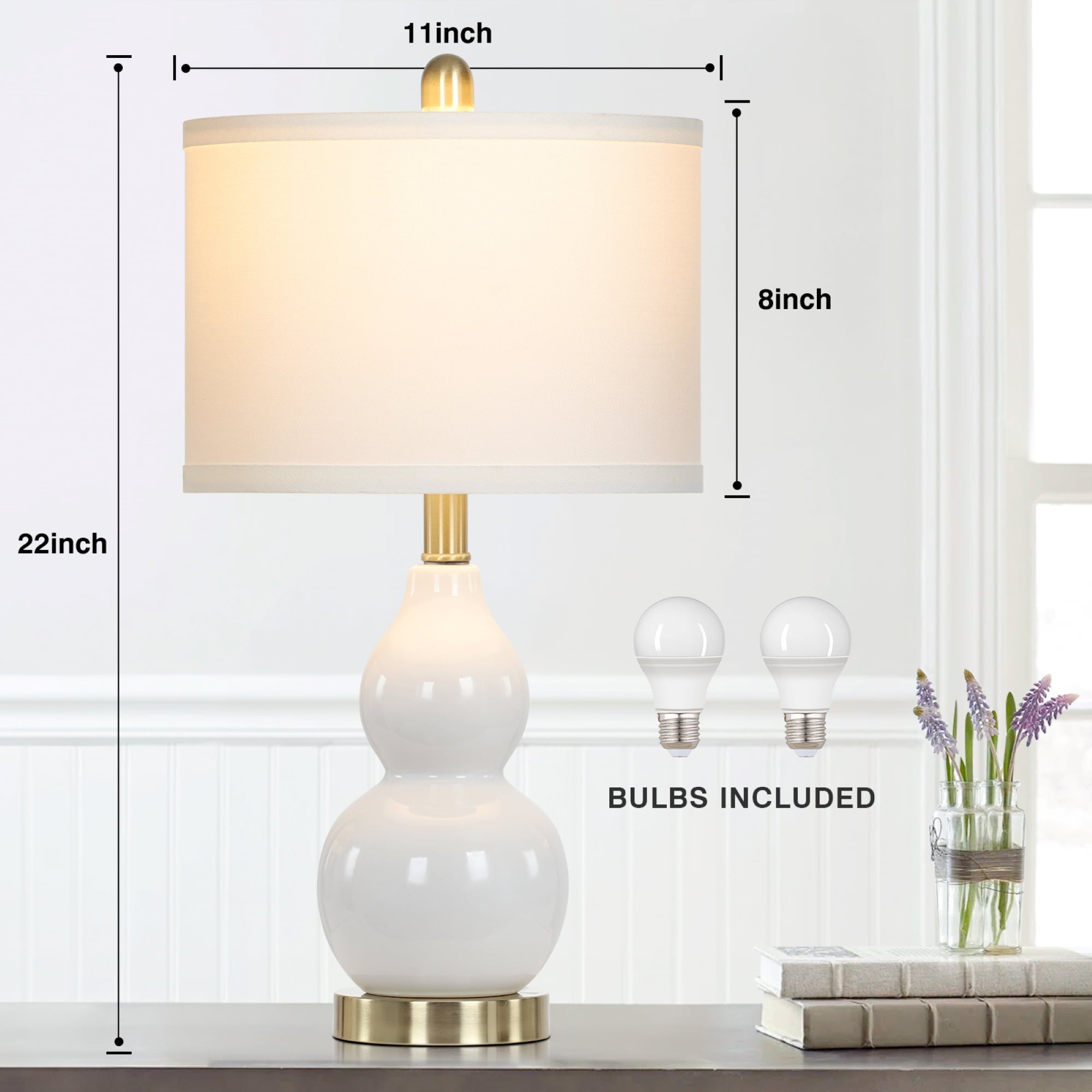 Cinkeda Double Gourd Ceramic Table Lamps Set of 2 for Bedroom Living Room 22" Modern White Gold Nightstand Bedside Lamp with Shade