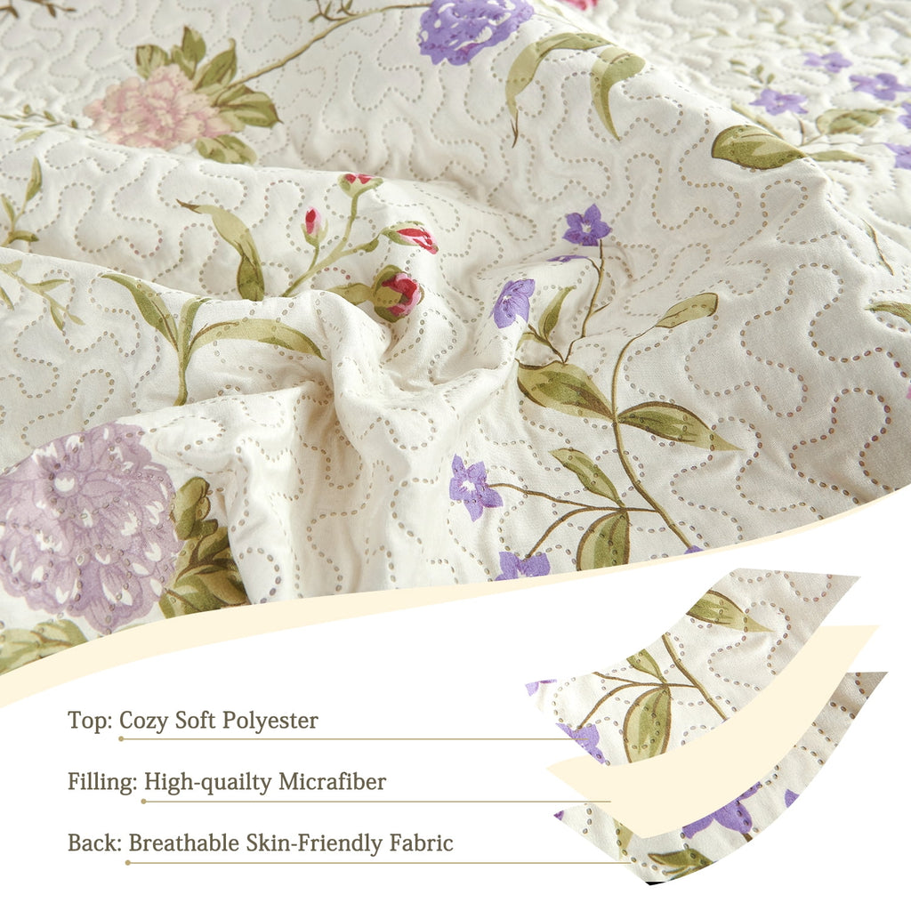 Green Essen 3 Pcs Quilt Sets, Lightweight Microfiber Bedspreads Soft Purple Floral Quilt Reversible Green Leaves Coverlet Set, 1 Quilt & 2 Pillow Shams(Queen Size)