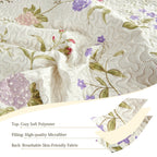 Green Essen 3 Pcs Quilt Sets, Lightweight Microfiber Bedspreads Soft Purple Floral Quilt Reversible Green Leaves Coverlet Set, 1 Quilt & 2 Pillow Shams(Queen Size)