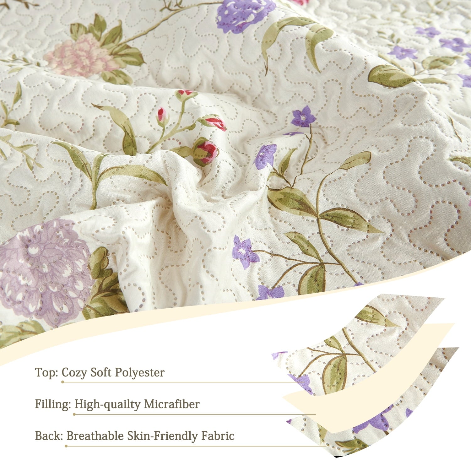 Green Essen 3 Pcs Quilt Sets, Lightweight Microfiber Bedspreads Soft Purple Floral Quilt Reversible Green Leaves Coverlet Set, 1 Quilt & 2 Pillow Shams(Queen Size)