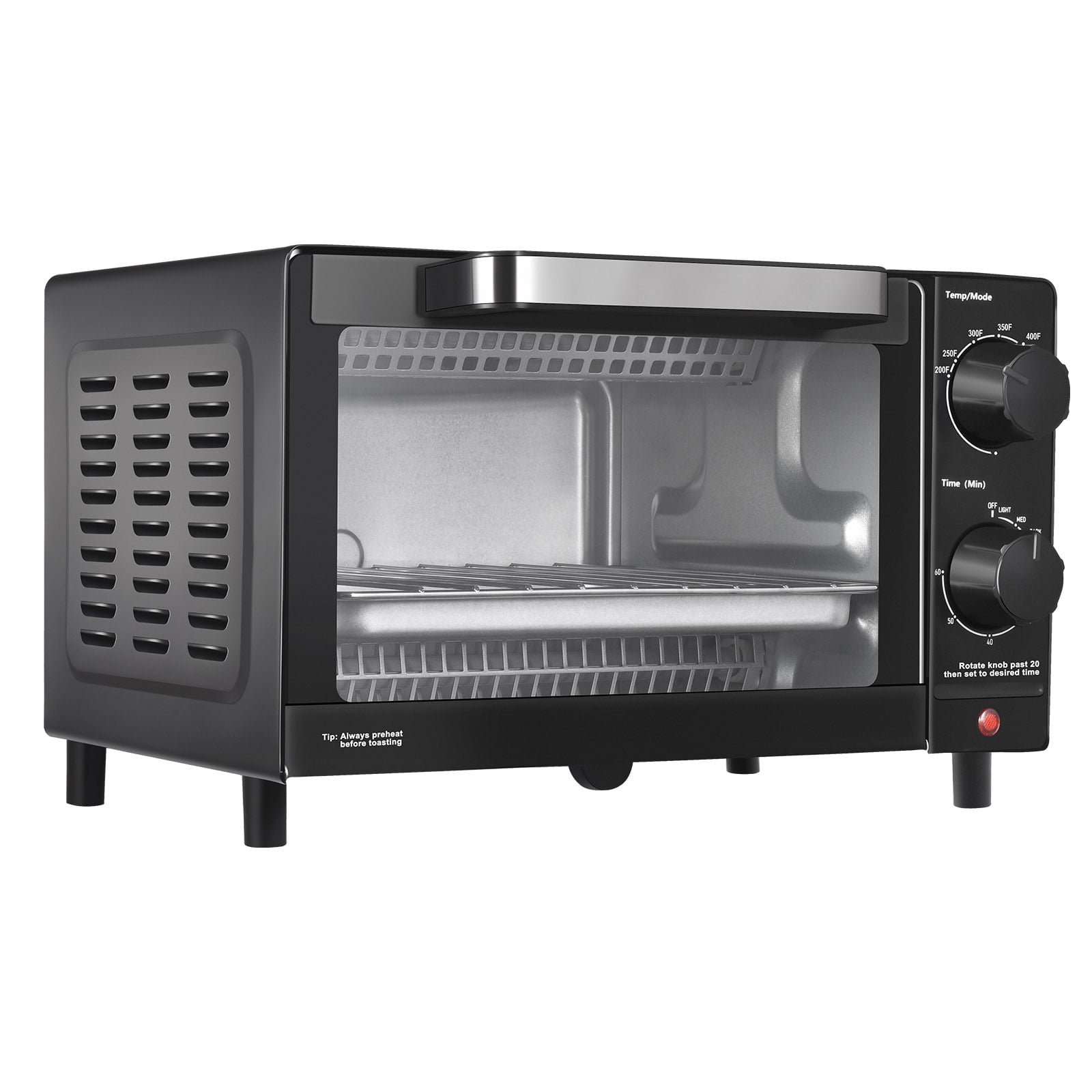 Mainstays 4 Slice Countertop Toaster Oven with 3 Settings, Includes Baking Rack and Pan, Black, New