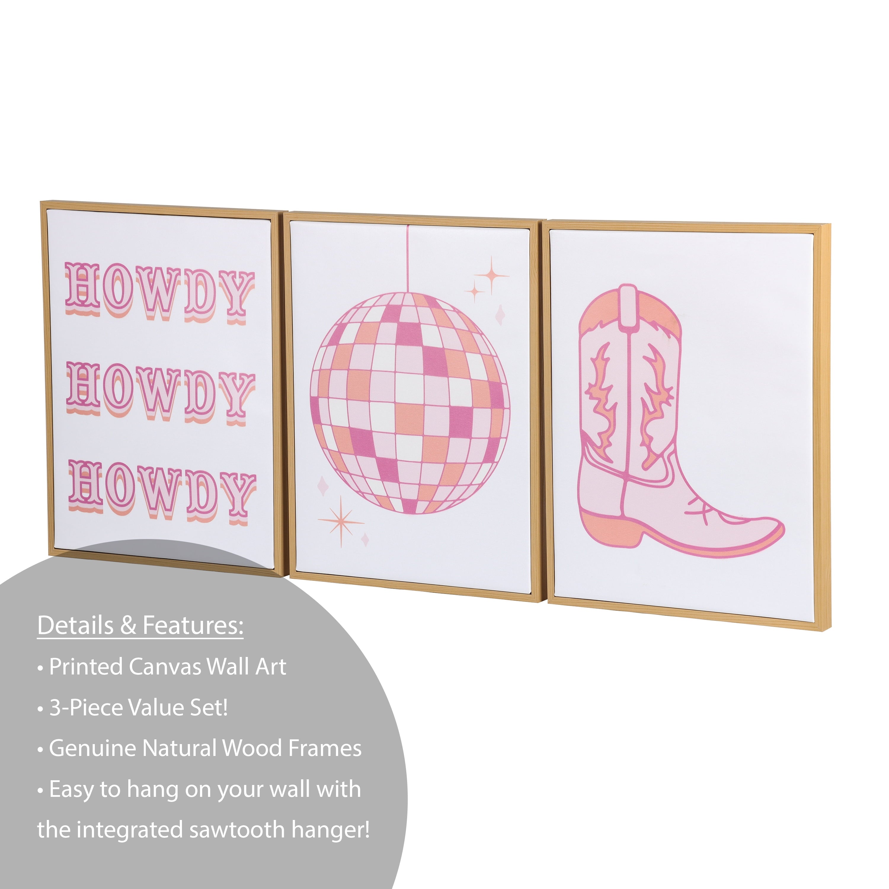 Mainstays 3 Pc Set Pink Western Theme Wall Art, Howdy, Boot, and Disco Globe