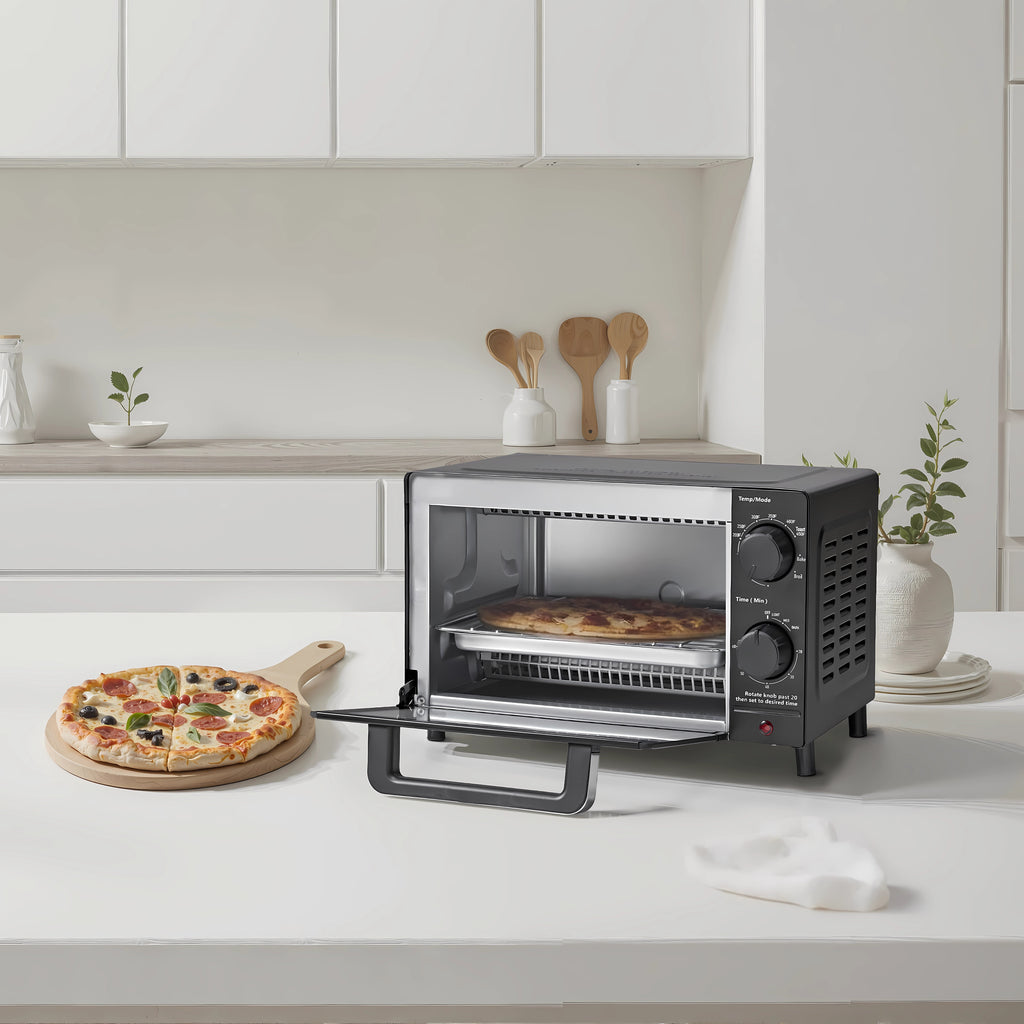 Mainstays 4 Slice Countertop Toaster Oven with 3 Settings, Includes Baking Rack and Pan, Black, New