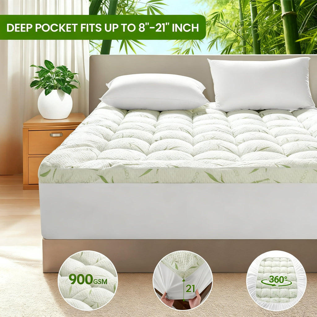 Baauye Cooling Bamboo Mattress Topper, 900GSM Quilted Mattress Pad with 8-21" Deep Pocket, King, Green