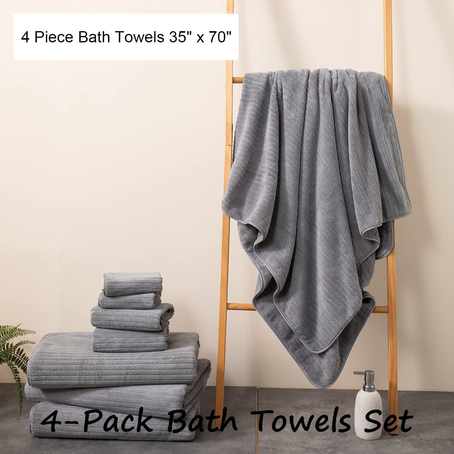 Jessy Home 4 Pack Dark Gray Stripe Large Bath Towels Set Oversized Microfiber Bath Sheet Soft Towel Set