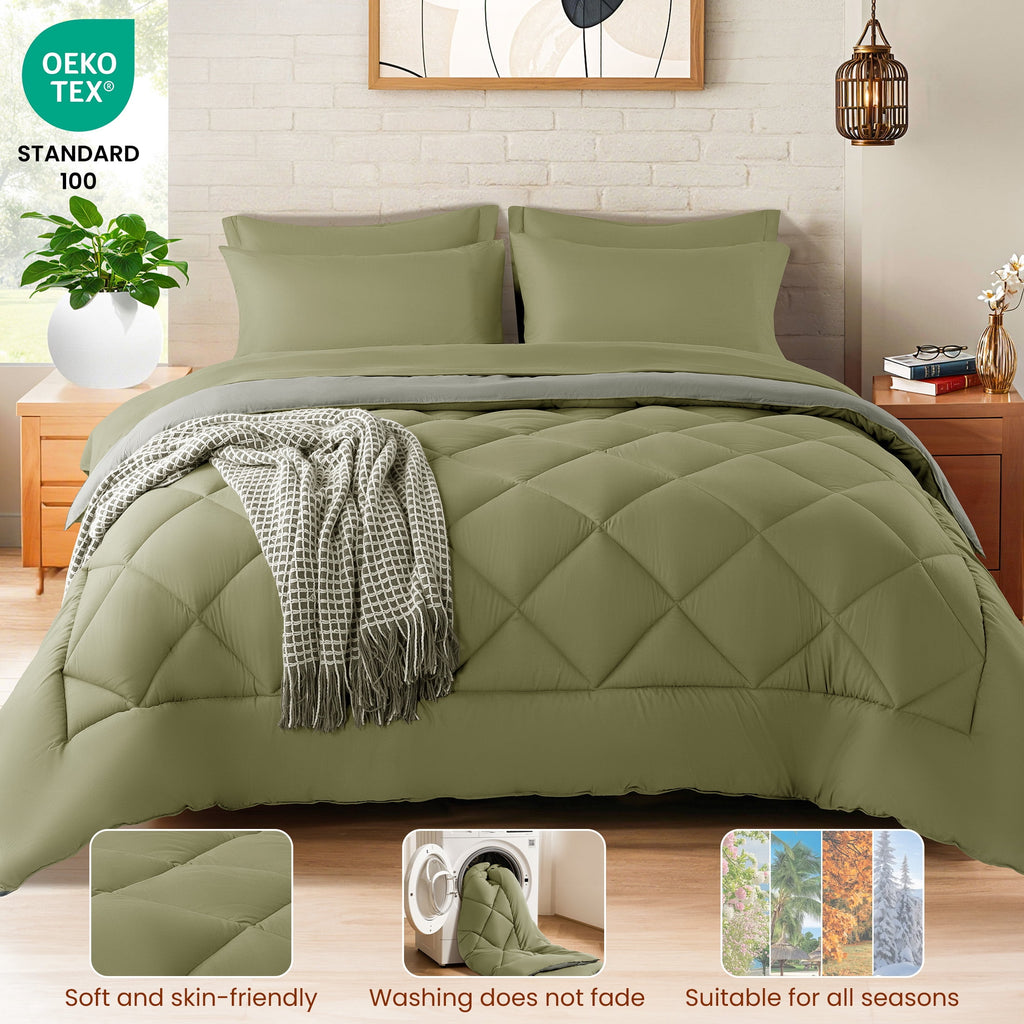 Sonoro Kate Queen Comforter Set Sage Green, Bed in a Bag 7 Pieces, Luxury Soft All-Season Bedding Set with Down Alternative Comforter, 1 Flat & 1 Fitted Sheets, 2 Pillowcases & 2 Shams