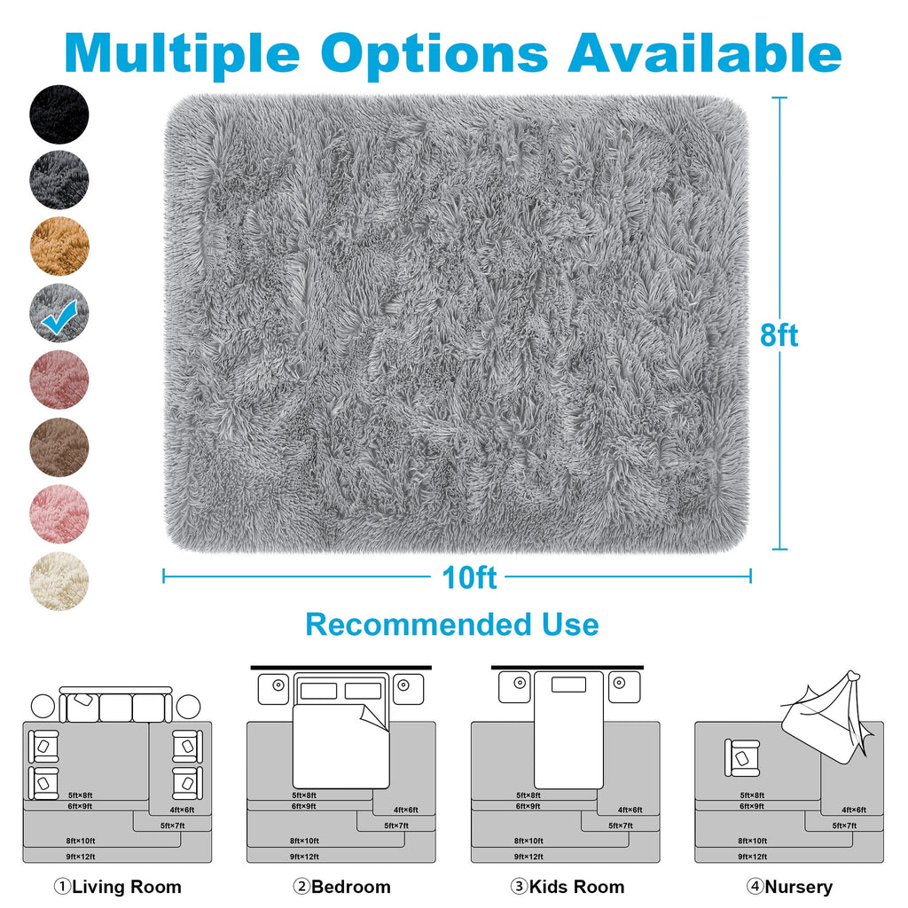 Nefoso Shag Area Rug, 8ft x 10ft Soft Fluffy Area Rugs for Living Room Bedroom Decor Carpet, Light Gray