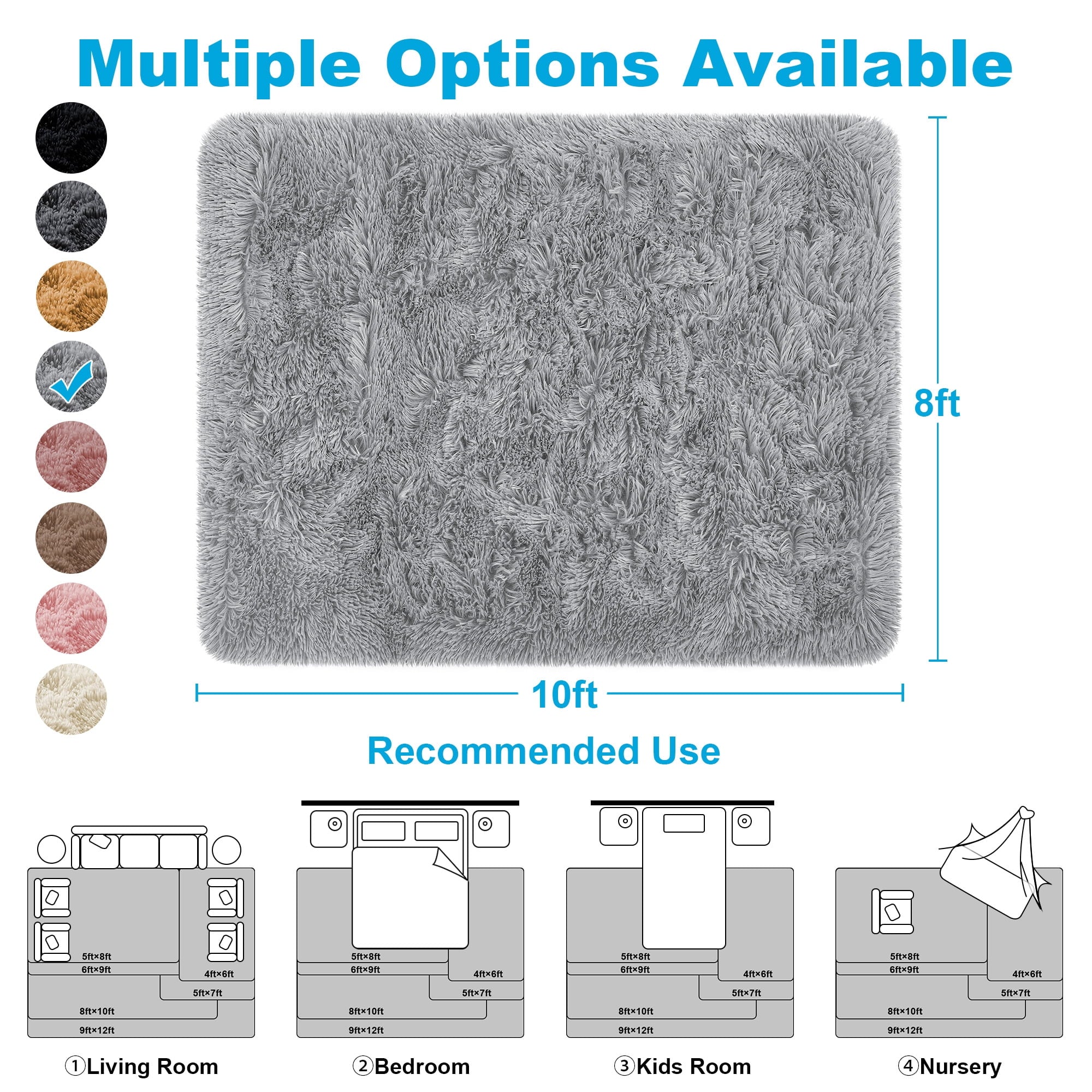 Nefoso Shag Area Rug, 8ft x 10ft Soft Fluffy Area Rugs for Living Room Bedroom Decor Carpet, Light Gray