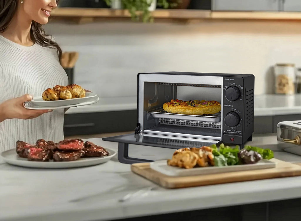 Mainstays 4 Slice Countertop Toaster Oven with 3 Settings, Includes Baking Rack and Pan, Black, New