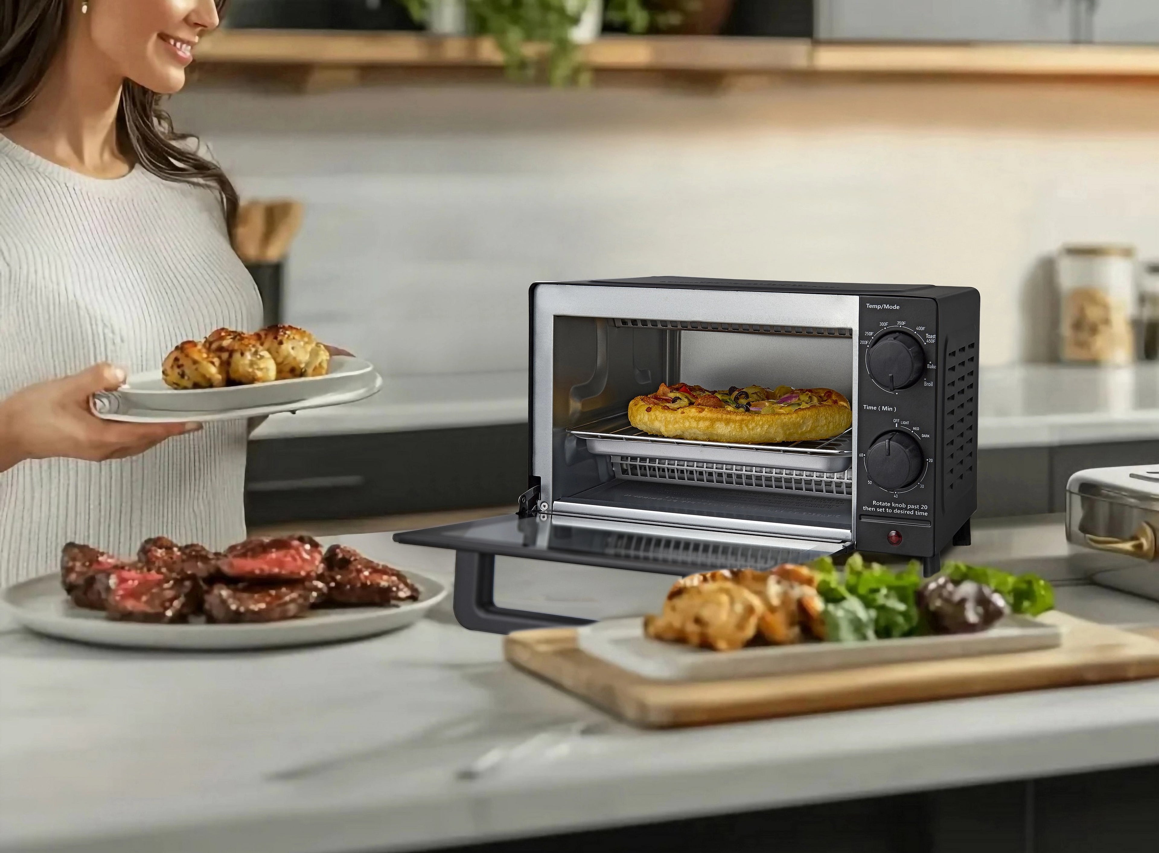 Mainstays 4 Slice Countertop Toaster Oven with 3 Settings, Includes Baking Rack and Pan, Black, New