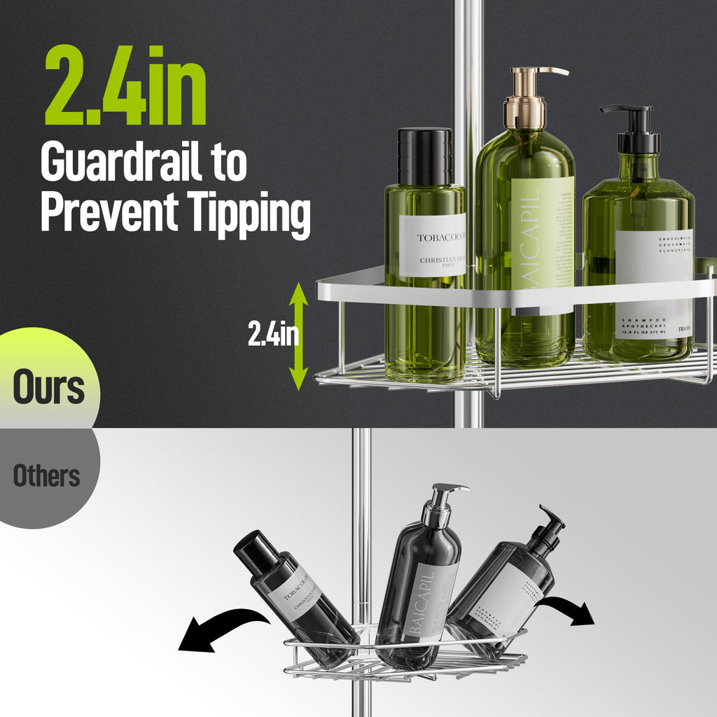 LazySpin 4-Tier Corner Shower Caddy Tension Pole, Fits 37.8”-124”, Silver