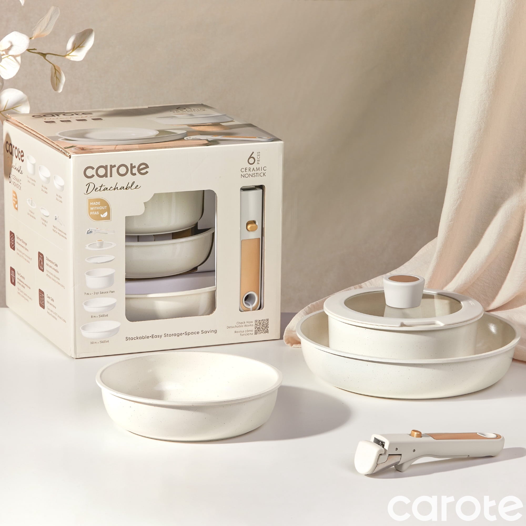 Carote Nonstick Detachable Pots and Pans Set, 6 Pieces Non Toxic Cookware Set with Induction, Oven/Dishwasher Safe, Easy for Storage, Granite White