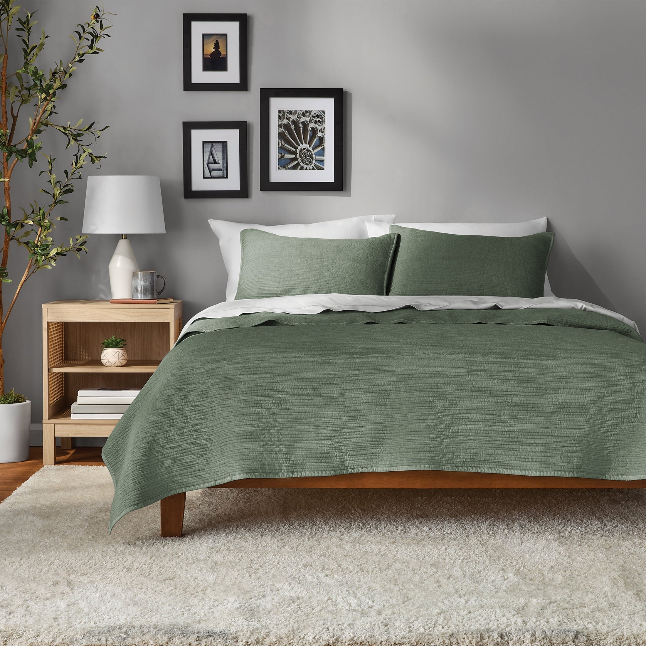 Mainstays Garment Washed Stripe Quilt, Full/Queen, Light Green, Soft Microfiber Bedding