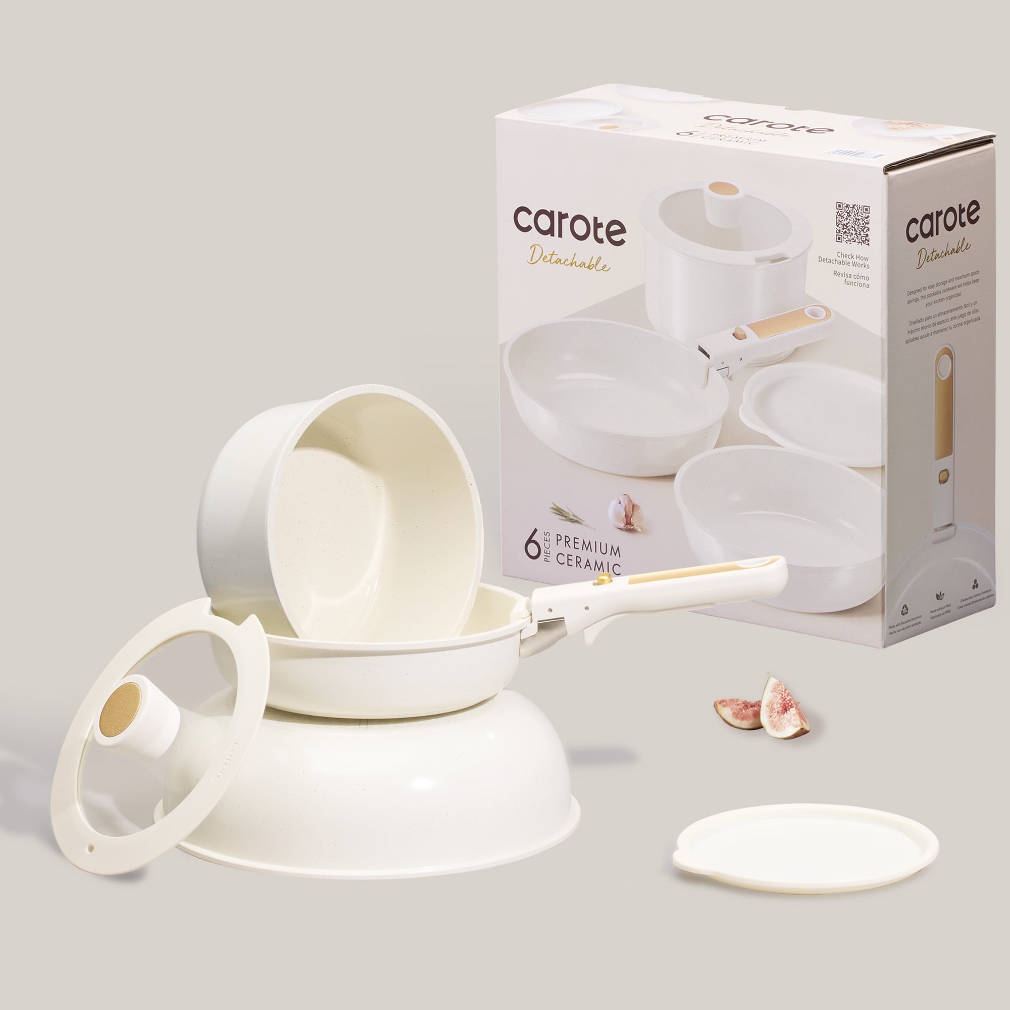 Carote Nonstick Detachable Pots and Pans Set, 6 Pieces Non Toxic Cookware Set with Induction, Oven/Dishwasher Safe, Easy for Storage, Granite White