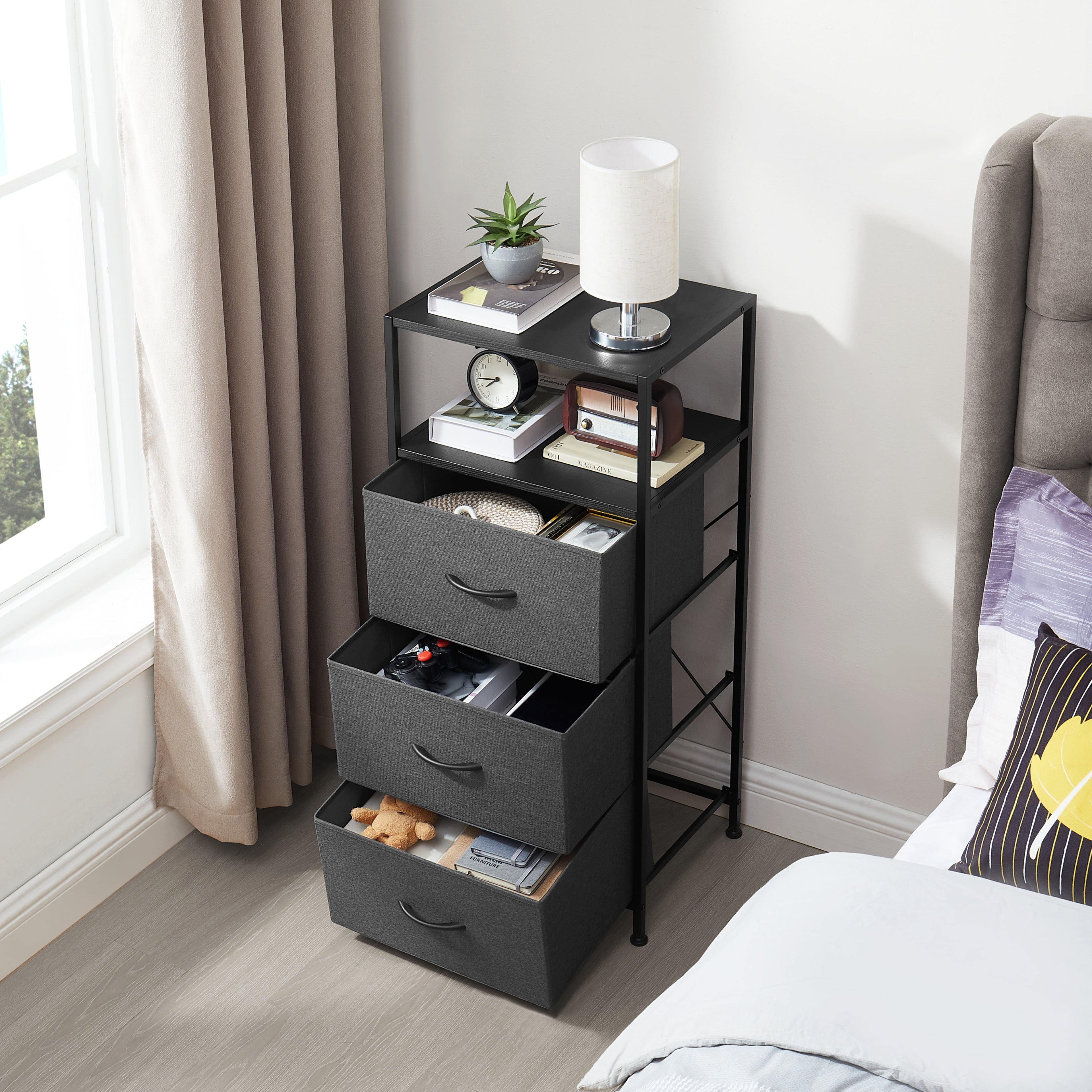 Mainstays 3 Drawer Fabric Nightstand with USB, Grey