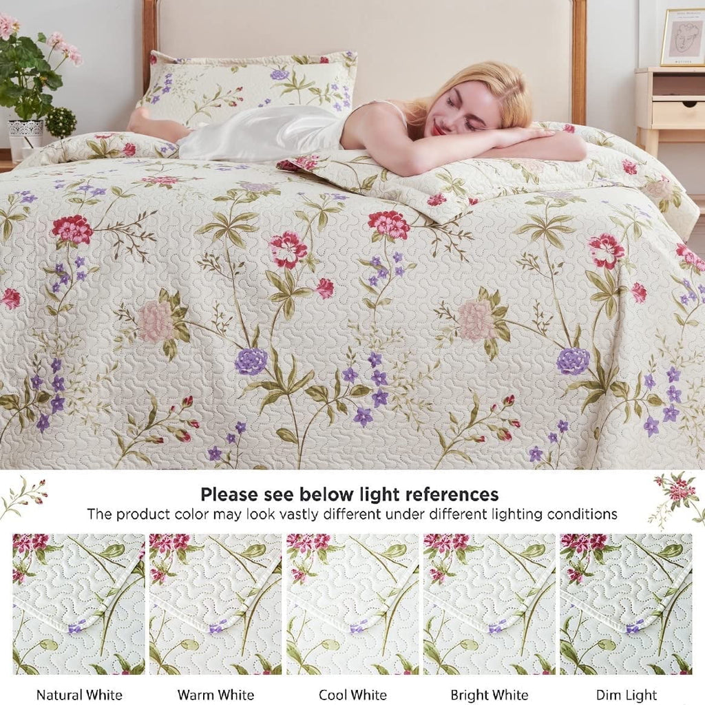 Green Essen 3 Pcs Quilt Sets, Lightweight Microfiber Bedspreads Soft Purple Floral Quilt Reversible Green Leaves Coverlet Set, 1 Quilt & 2 Pillow Shams(Queen Size)