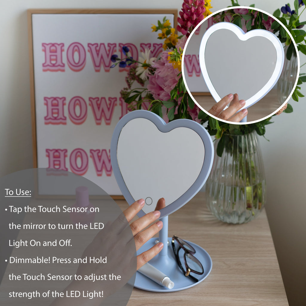 Mainstays 11.26" Tall Light Blue Plastic Frame Tabletop Heart Shaped LED Lighted Mirror with Trinket Tray