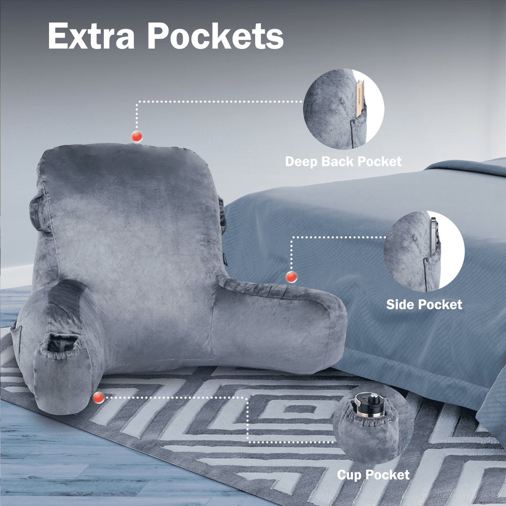 VAVSEA Reading Pillow, Extra Large 31" Backrest Pillow with Arms, Back Pillow with Detachable Neck Roll, 4 Pockets for Watching TV, Bed Rest, Reading, Gaming