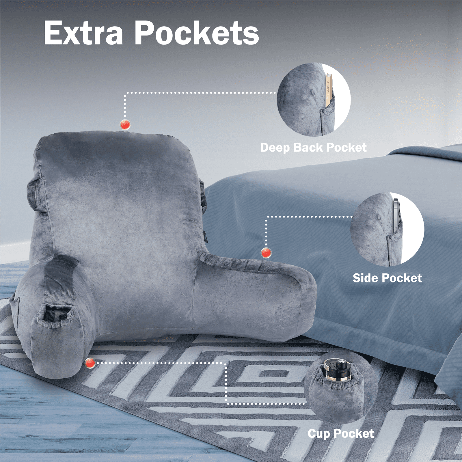 VAVSEA Reading Pillow, Extra Large 31" Backrest Pillow with Arms, Back Pillow with Detachable Neck Roll, 4 Pockets for Watching TV, Bed Rest, Reading, Gaming